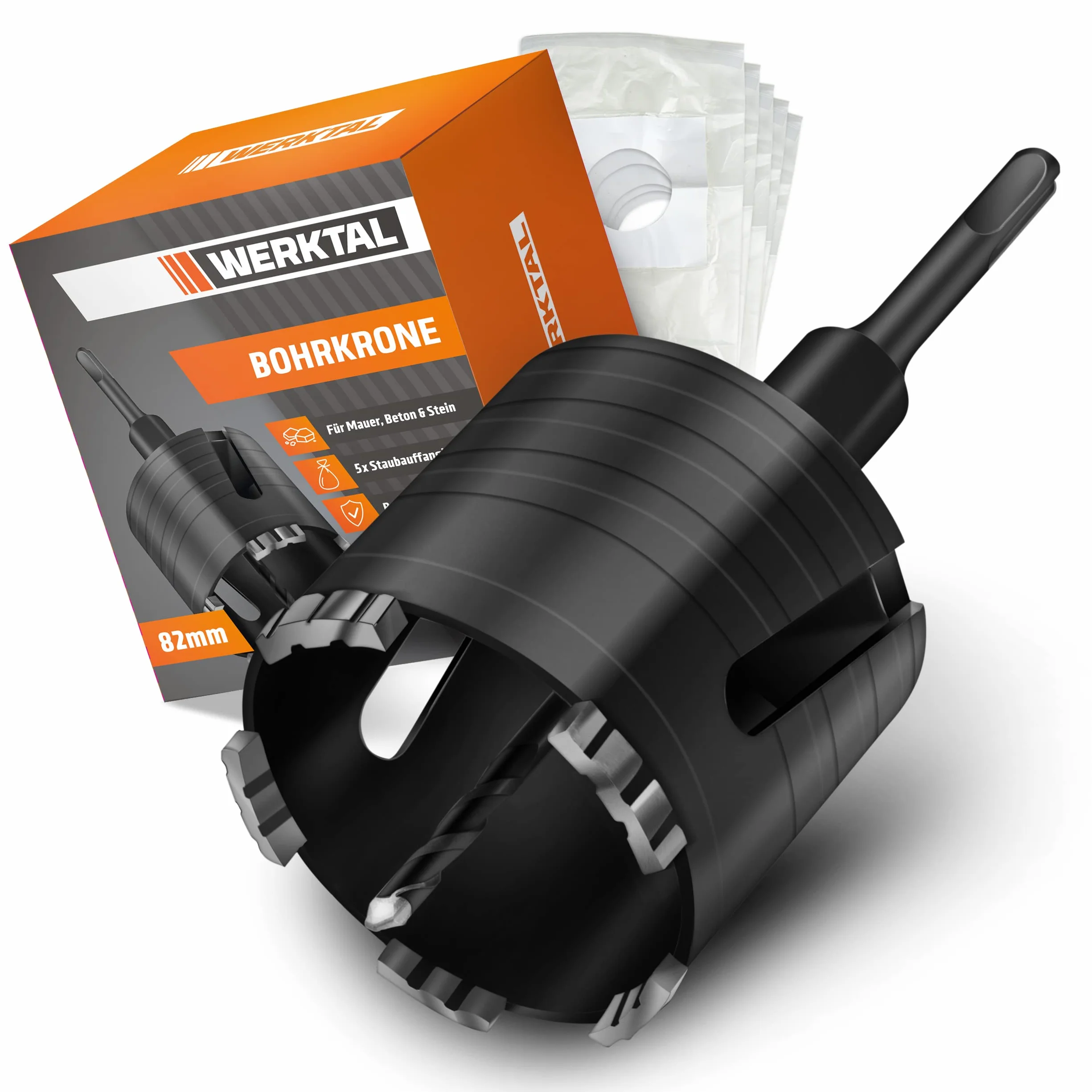 WERKTAL - Korona wiertnicza 82mm SDS Plus [5 XXL węglików] - Wiertło do puszek podtynkowych i gniazdek w murze, kamieniu, betonie, suficie - Korona wiertnicza do gniazdka z 5 workami antykurzowymi