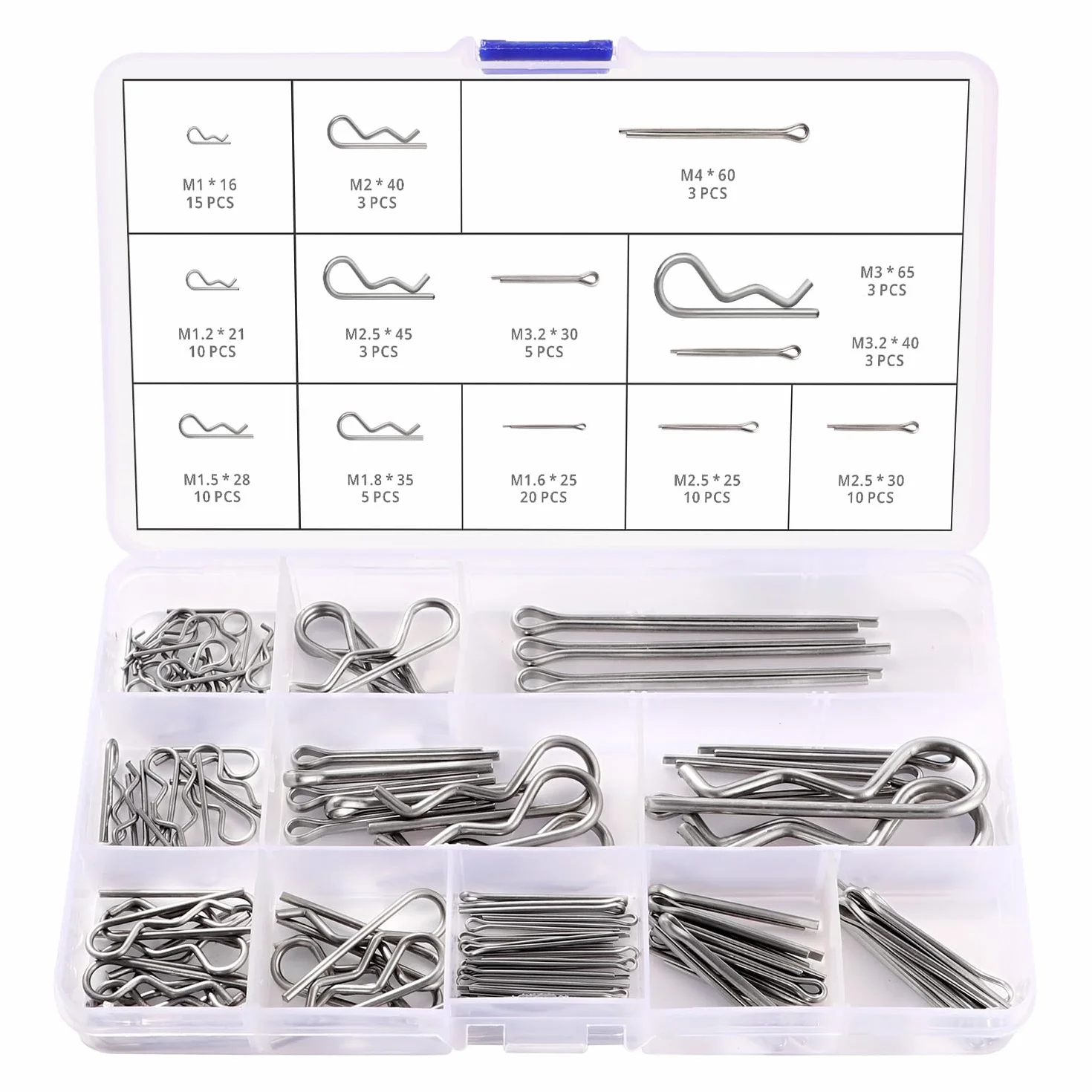 VooGenzek 100 Sztuk 13 Rozmiarów Zestaw Asortymentowy Zawleczek ze Stali Nierdzewnej, R Clips, Zawleczki Sprężynowe, do Samochodów, Mechaniki, Warsztatu Samochodowego, Warsztatu