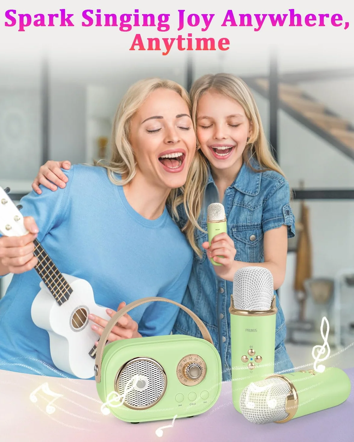 PRUNUS Maszyna do karaoke z zestawem mini mikrofonu, przenośny głośnik Bluetooth, bezprzewodowy mikrofon, wzmocniony bas