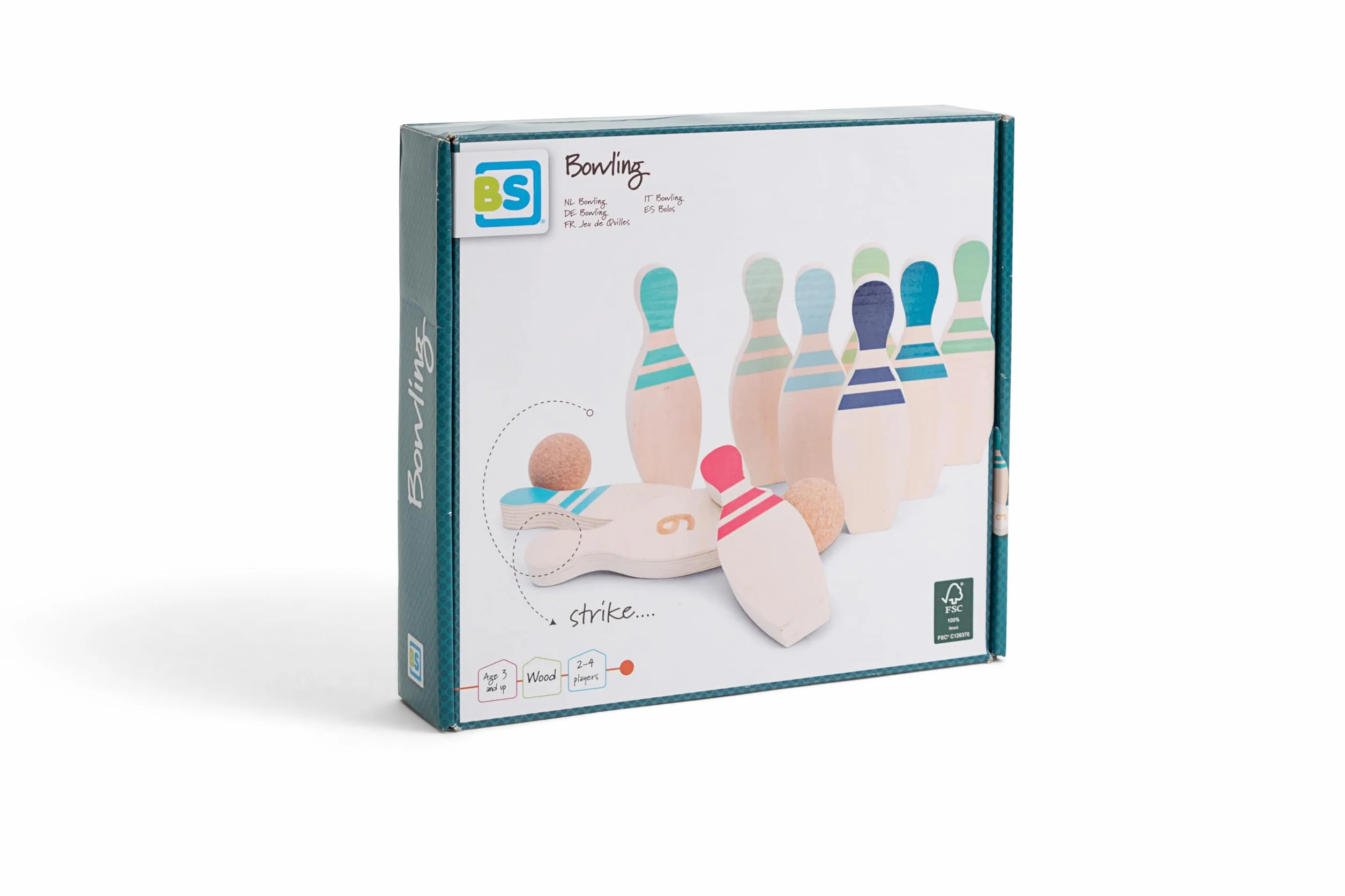 BS Toys Drewniane kręgle, zabawka do użytku wewnątrz i na zewnątrz, wspomaga pracę zespołową i rozpoznawanie wzorów, dla dzieci od 3 lat i starszych – 2-4 gracze