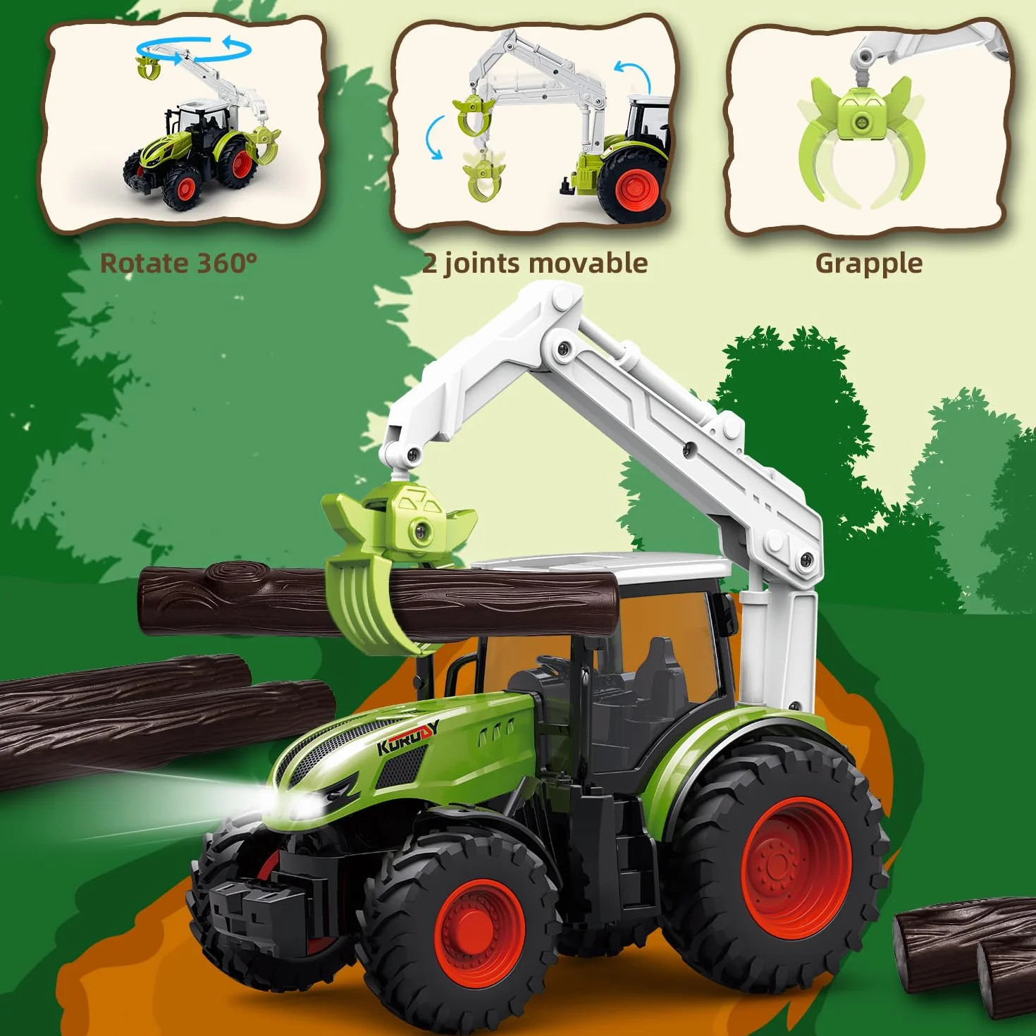 Zabawka traktorowa, zdalnie sterowany traktor, zdalnie sterowany traktor, dla dzieci od 3, 4, 5, 6 lat, zabawka dla dzieci, zielona zabawka ze światłem, drewniany chwytak i 3 pnie drzew, zdalnie