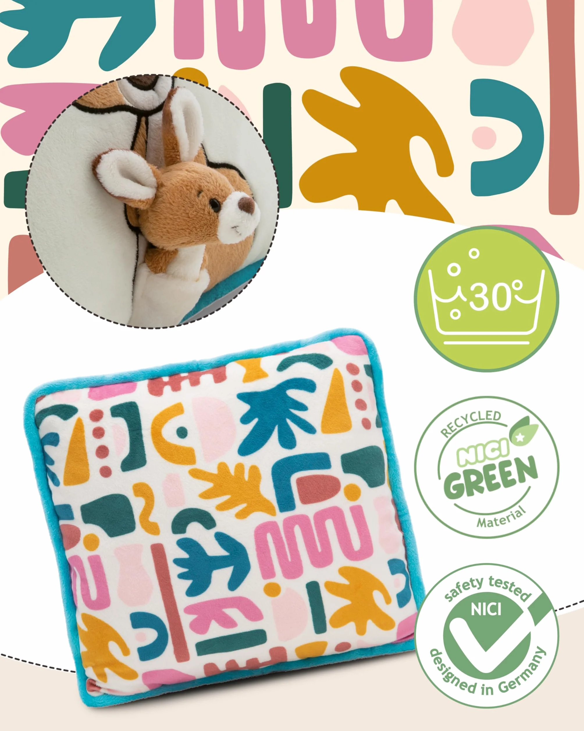 Poduszka kangur z młodym kangurkiem 7cm 30x30cm brązowy - Puszysta poduszeczka dla chłopców, dziewczynek,i niemowląt - idealna do domu, przedszkola lub w podróży