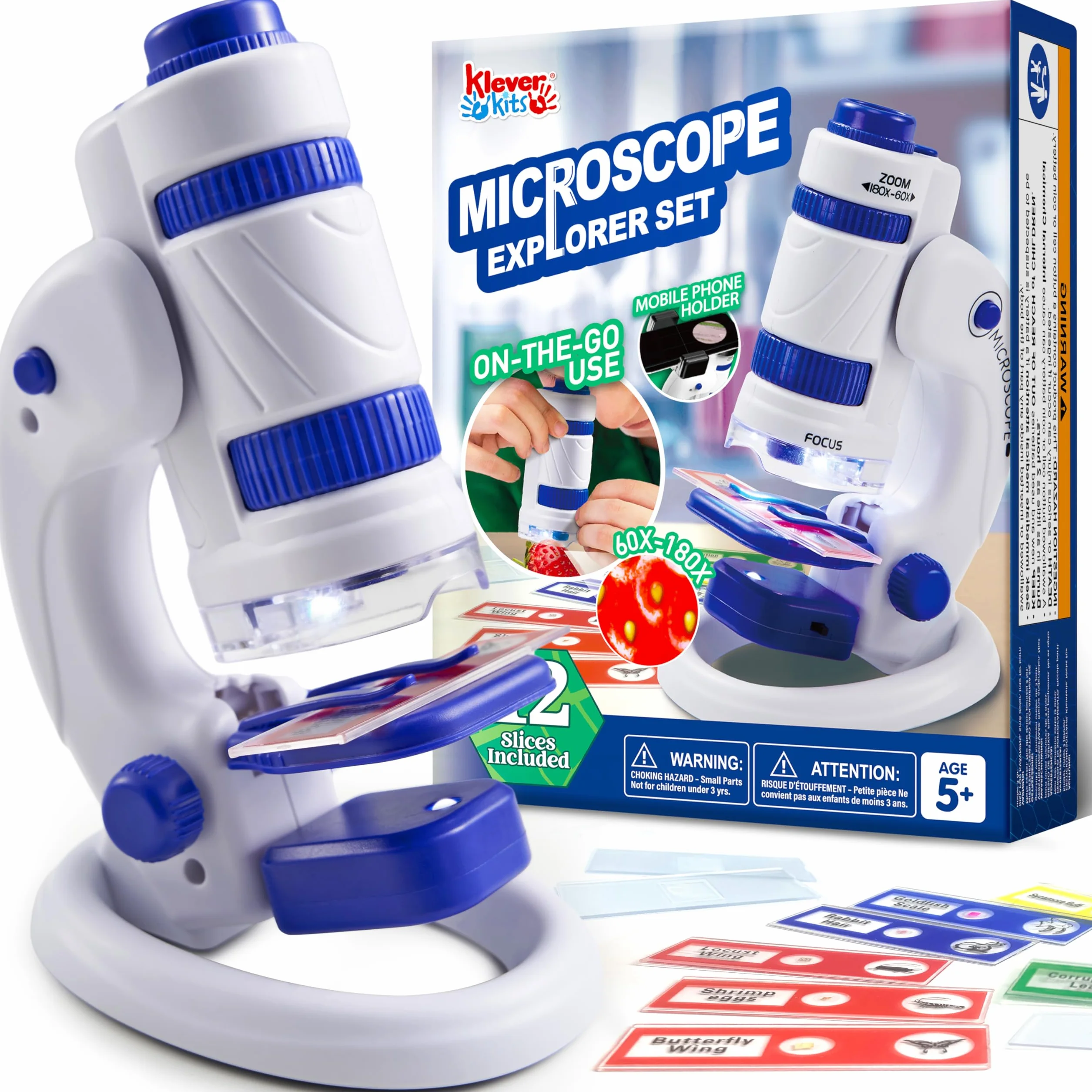 Klever Kits Mikroskop dla dzieci, 2 w 1, przenośny mikroskop dla dzieci, zabawka z 12 szkiełkami LED, powiększenie 60-180x, eksperymenty dla dzieci od 5, 6, 7, 8, chłopców i dziewczynek