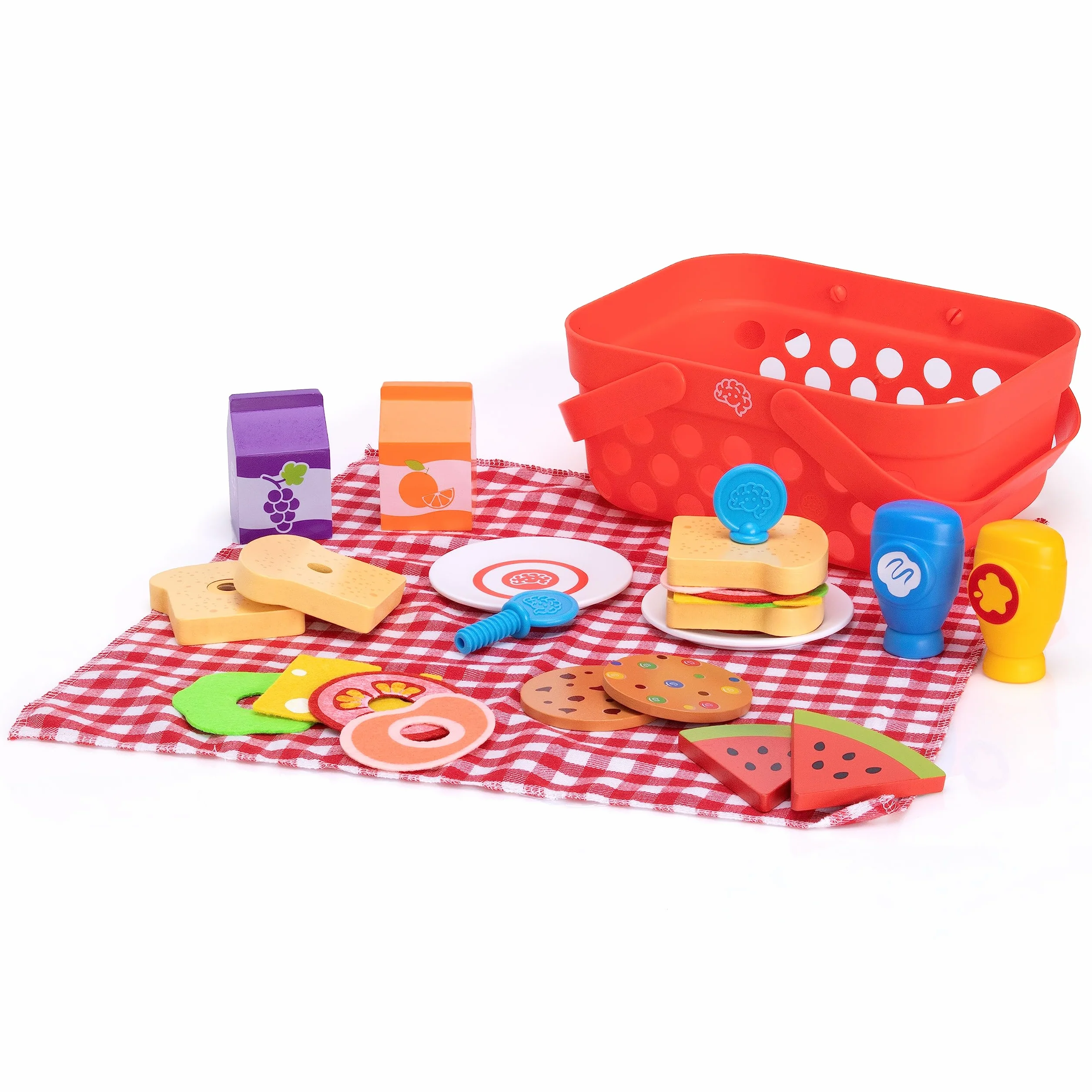 Fat Brain Toys Pretendables Zestaw koszy piknikowych – zabawka dla dzieci kosz piknikowy i koc z drewnianym jedzeniem do zabawy i akcesoriami, edukacyjna zabawa w kuchni, zabawki dla dzieci – trwały