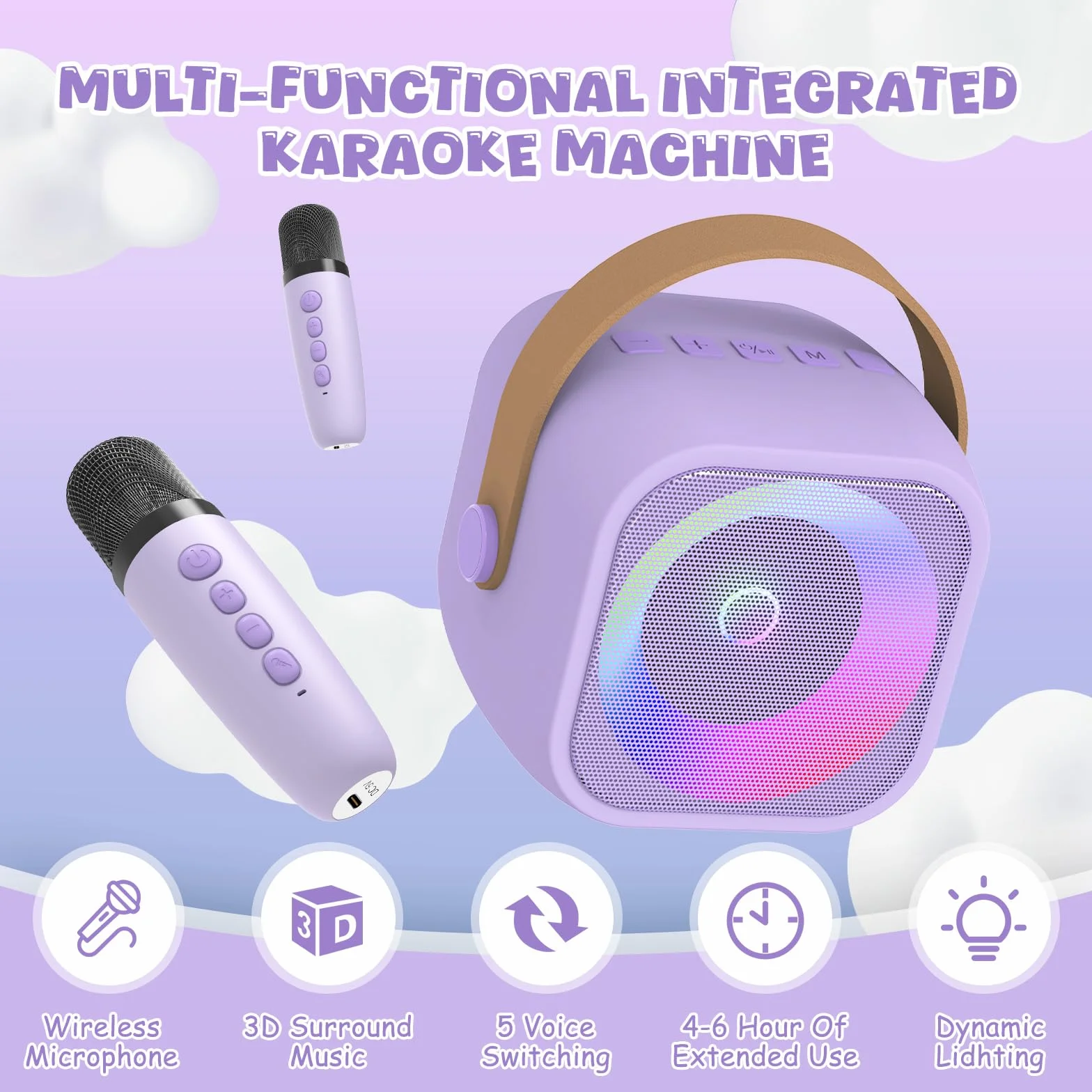 Maszyna Do Karaoke Dla Dzieci Z 2 Mikrofonami,Bezprzewodowy Bluetooth, Z Efektami Zmiany Gosu I Diodami Led Prezent Dla Dziewczynek, Dla Dziewczynek W Wieku 3-12 Lat Prezent Urodzinowy