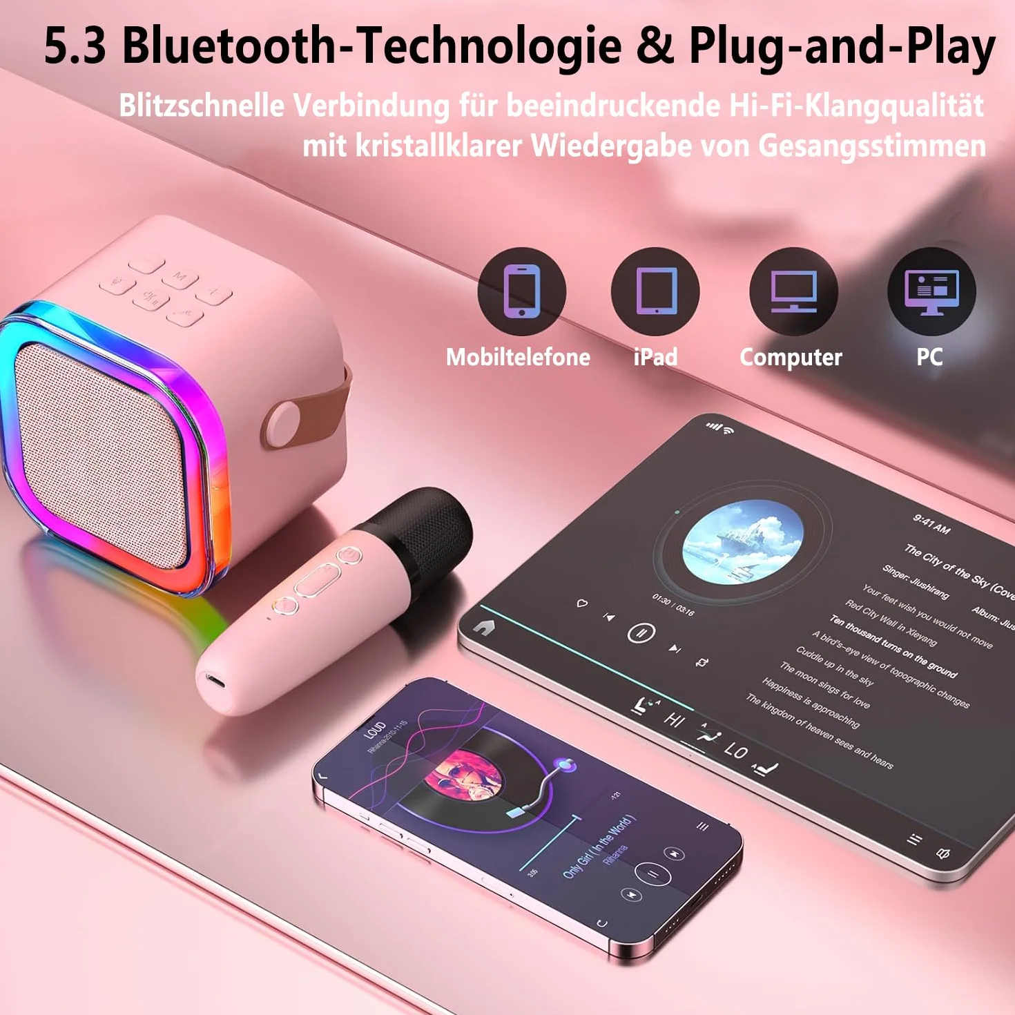 Maszyna do karaoke dla dzieci, mini maszyna do karaoke z 2 mikrofonami Bluetooth, przenośny głośnik Bluetooth z efektami dźwiękowymi i diodami LED, prezent dla dzieci w wieku 3-12 lat, dla dziewcząt i