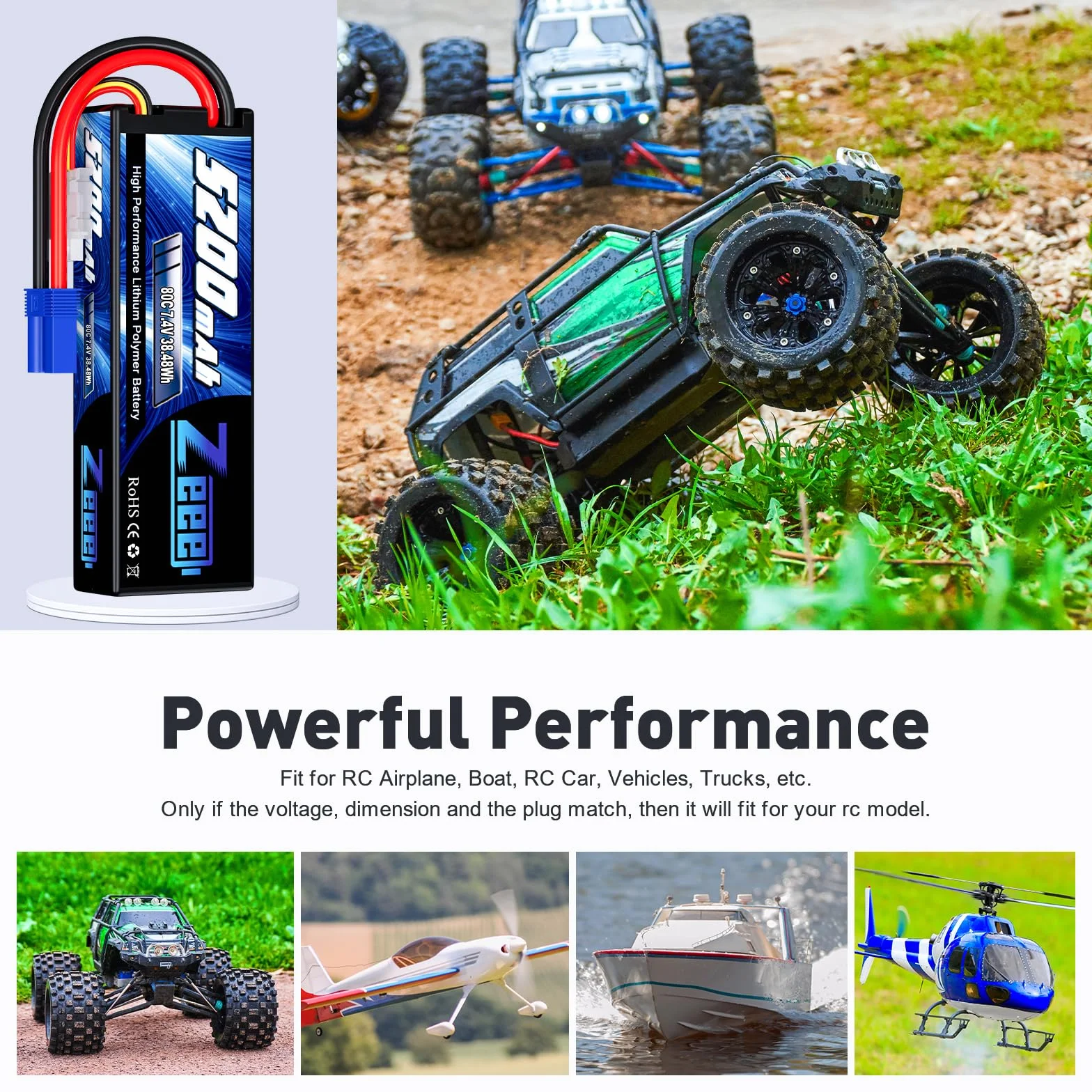 Bateria Lipo Zeee 2S 5200mAh 7.4V 80C Twarda obudowa Bateria z wtyczką EC5 do 1/8 1/10 RC Pojazdy Samochód RC Buggy Truggy RC Samolot UAV Drone FPV (2 szt.)