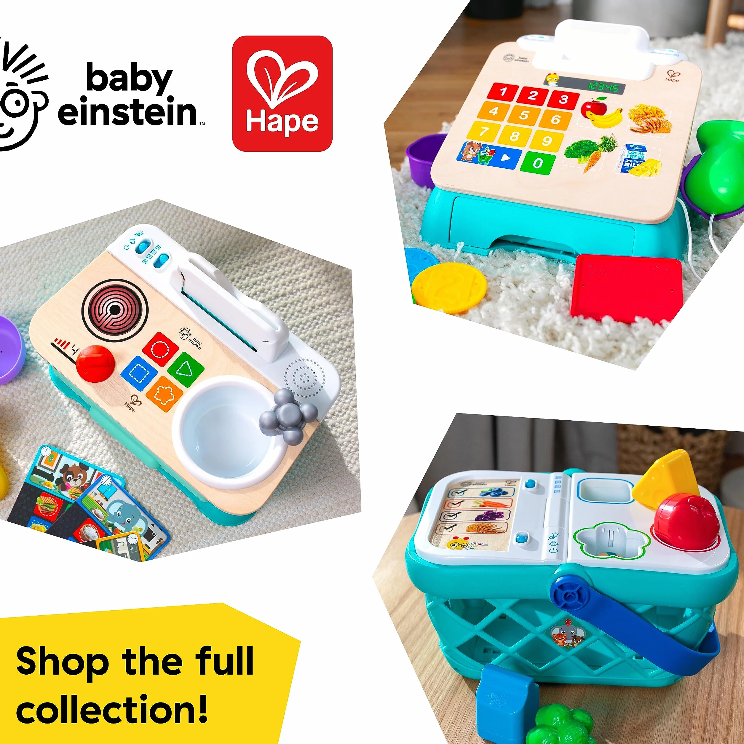 Baby Einstein + Hape Magic Touch Cash Register Pretend to Check Out Toy, z prawdziwymi dźwiękami i muzyką, dla dzieci w wieku od 9 miesięcy