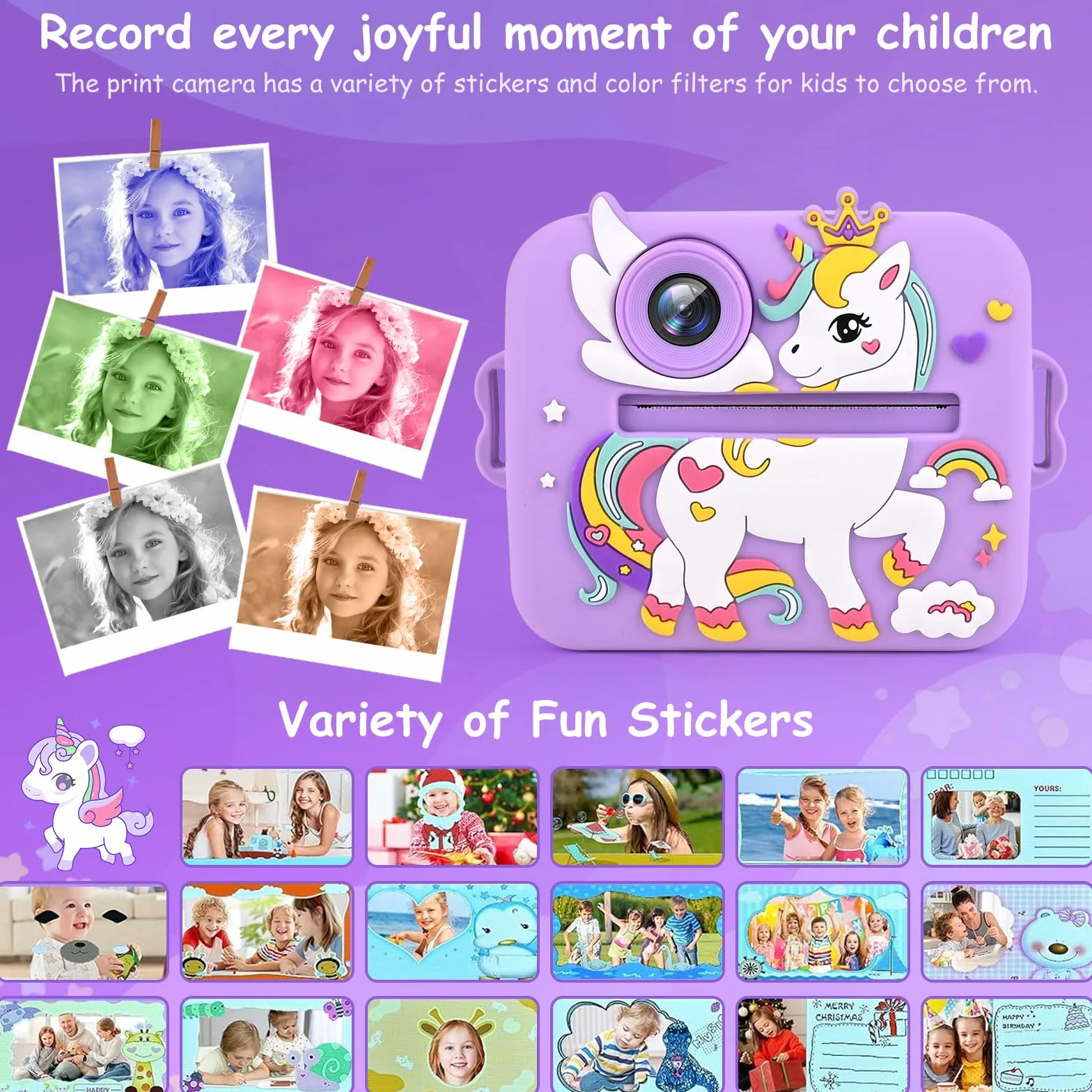 Euakee Kids Instant Camera, 1080P HD Cyfrowy Aparat dla Dzieci z 2,4-calowym Ekranem i Kartą 32G, Aparat Natychmiastowy dla Dzieci, Prezenty dla Chłopców i Dziewcząt 3-12 Lat (Fioletowy)