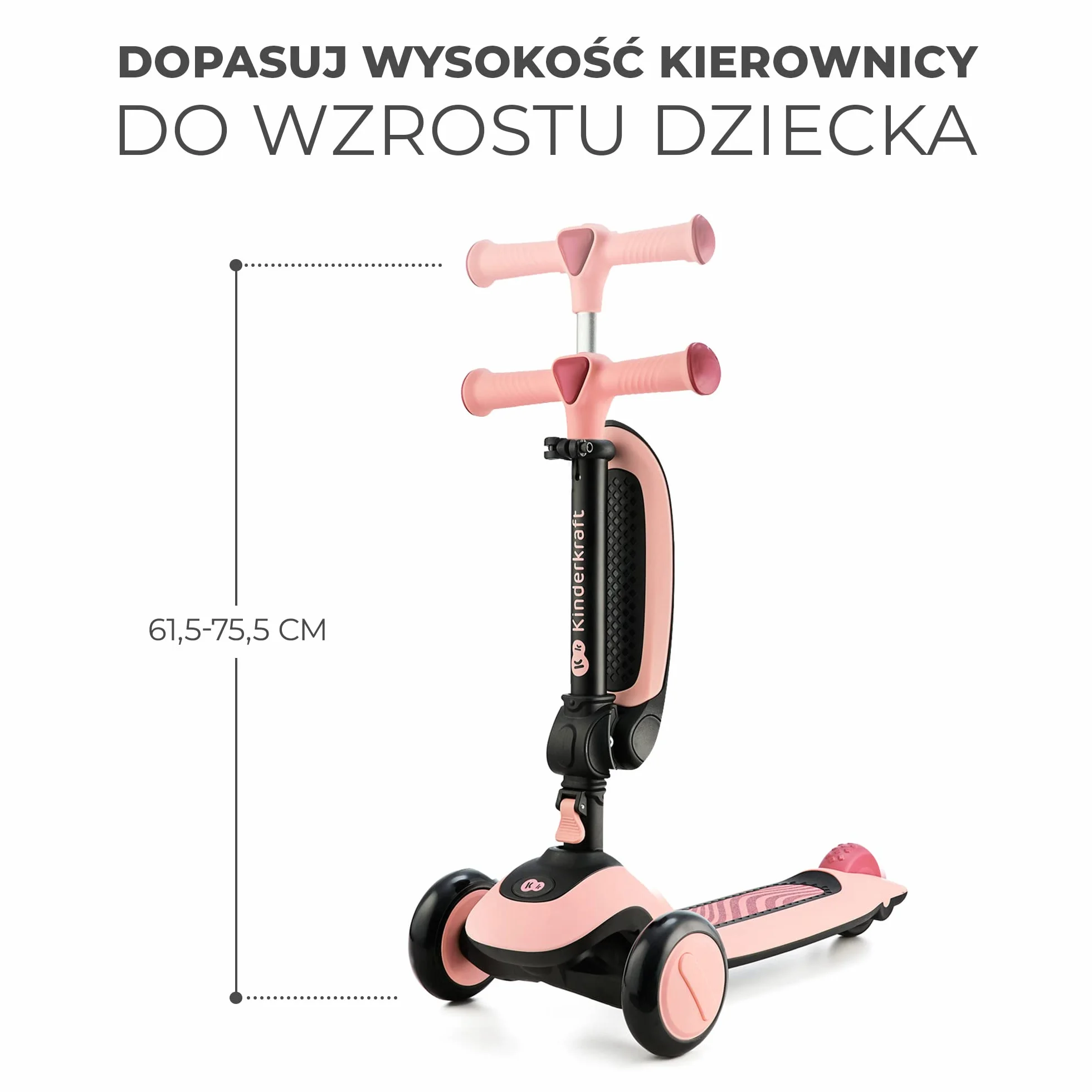 Kinderkraft HALLEY Hulajnoga dziecięca od 1 roku do 13 lat, 3 koła ze światełkami LED, Hulajnoga z siedziskiem, Funkcja rowerka biegowego, Regulowana wysokość, Obciążenie do 50 kg, Różowa