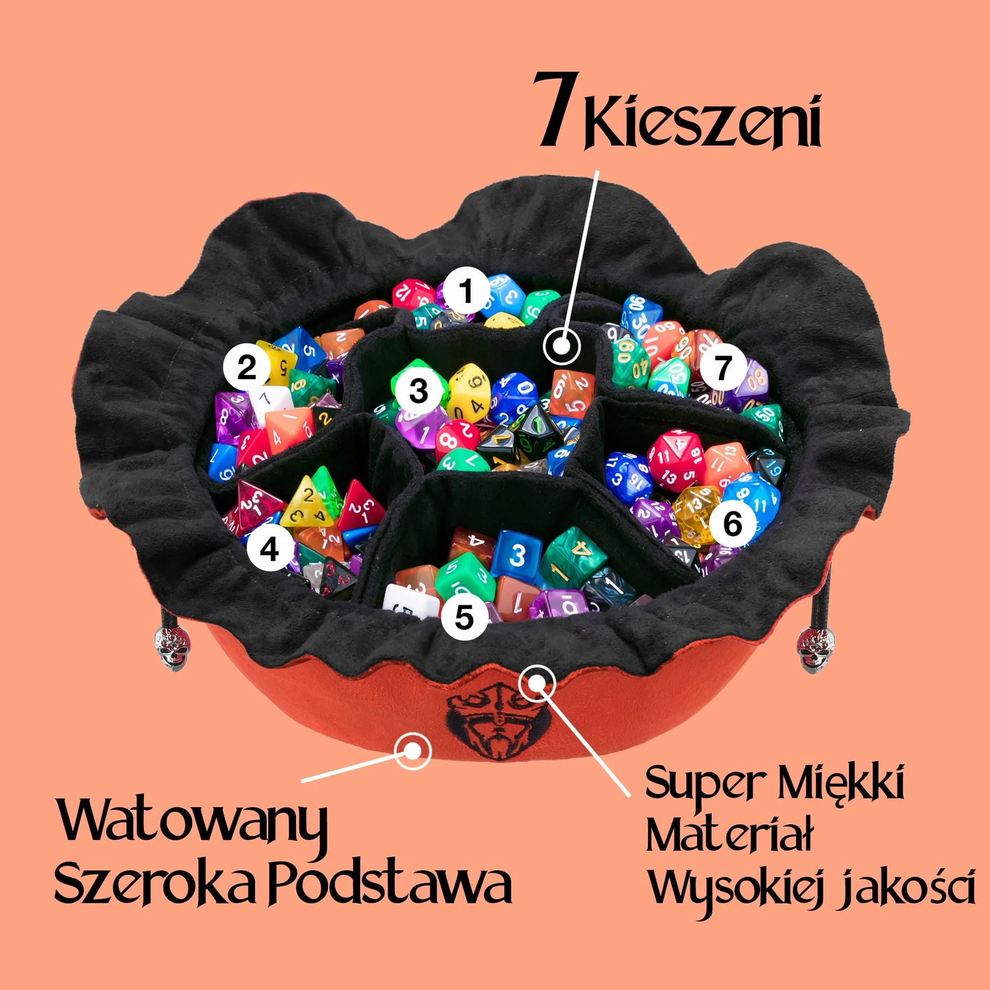 CardKingPro Ogromna Torba na Kości z Kieszeniami - Spalona Pomarańcza - Pojemność 150+ Kości - Świetny Organizer dla Kolekcjonerów, Idealna do Dungeons and Dragons [Opatentowany Design]