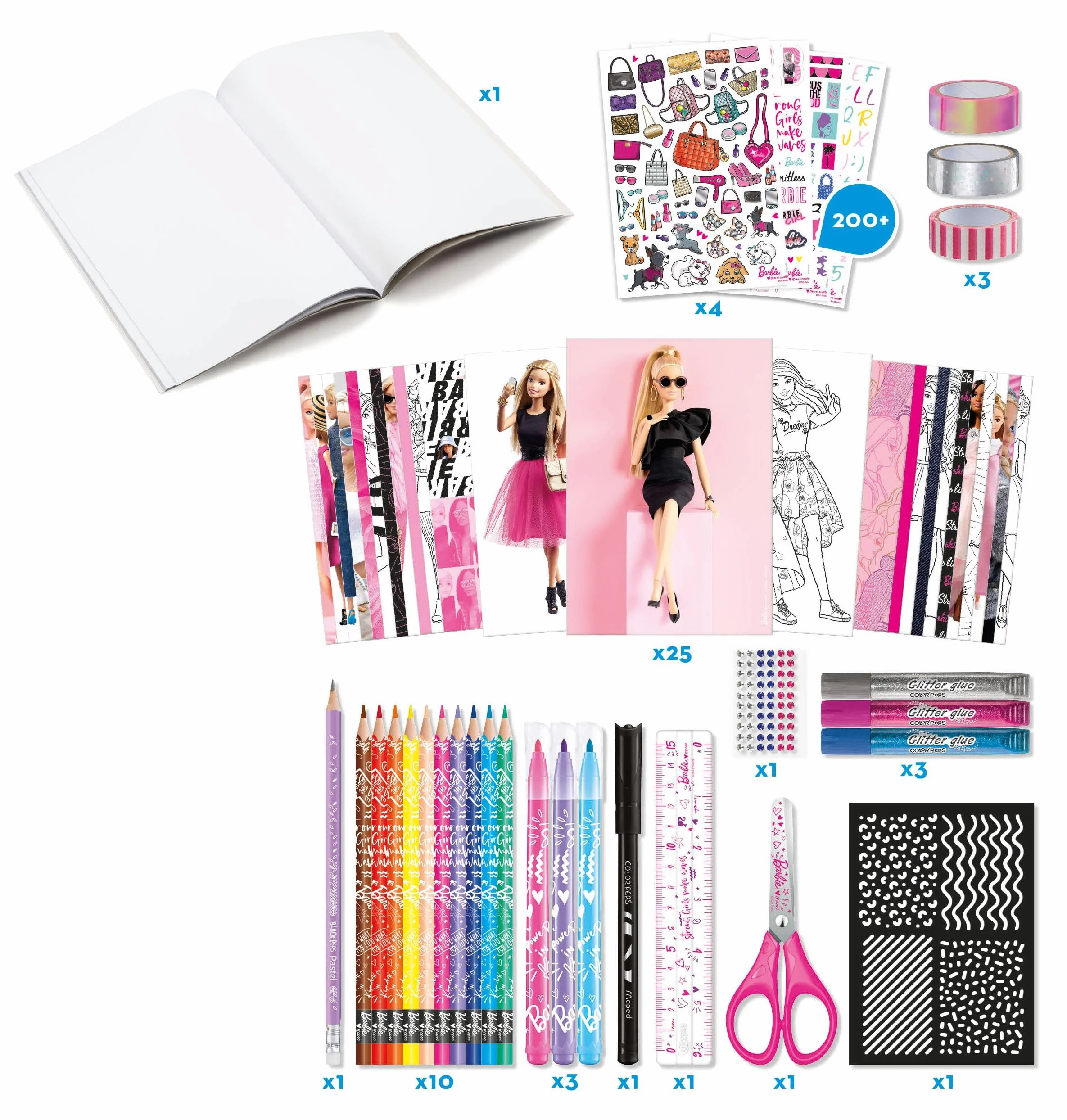Maped Creativ Barbie Scrapbooking dla dzieci, zestaw 55 akcesoriów, arkusze i notatnik do personalizacji, od 7 lat