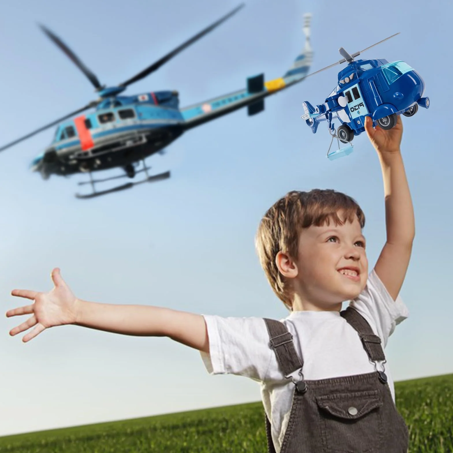 HERSITY Zabawka helikopterowa dla dzieci od 3+ lat, dla chłopców, policyjna helikopter ze światłem i dźwiękiem, śmigło obrotowe, samolot, niebieski, prezent dla małych dzieci w wieku 4, 5, 6 lat