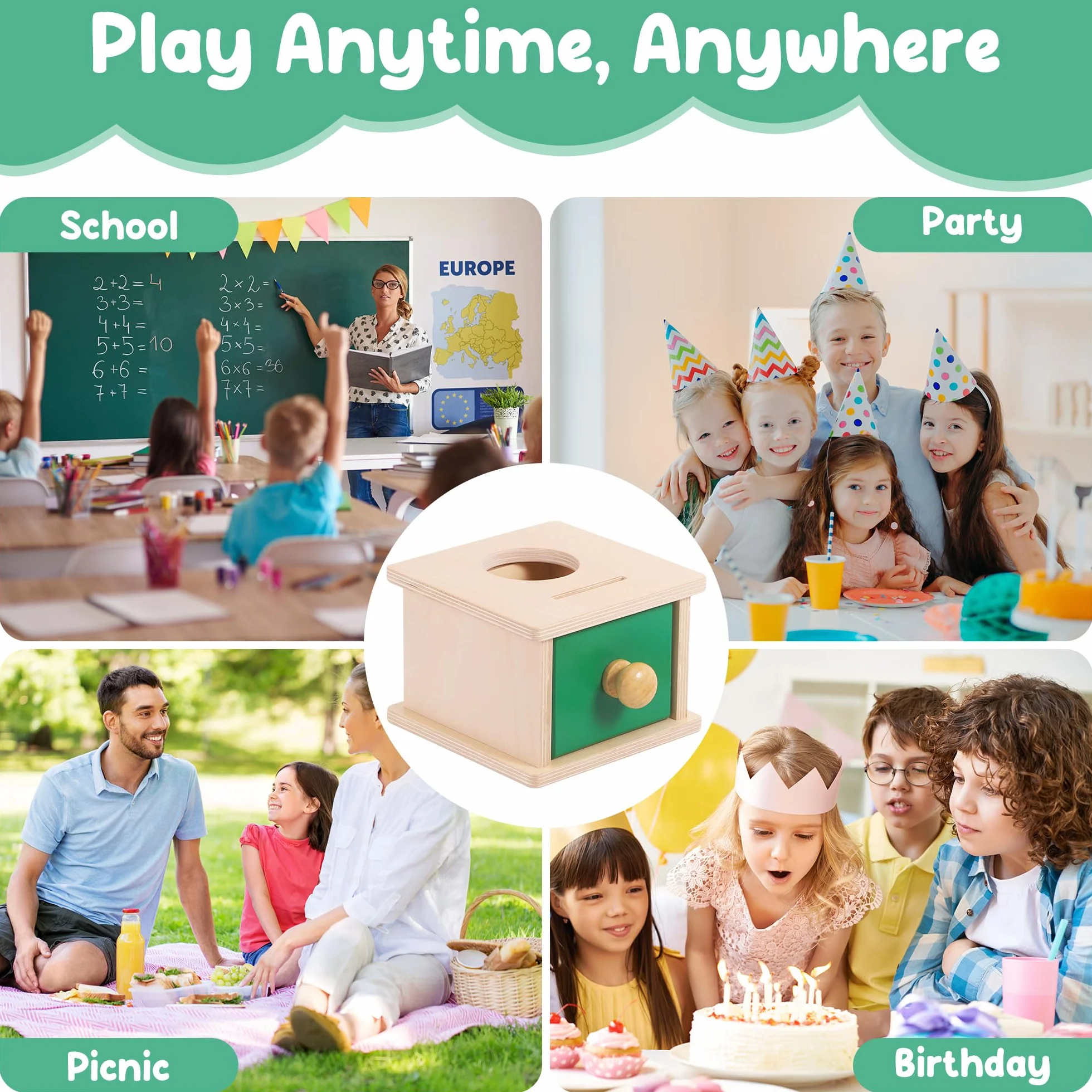 Starvortex Montessori zabawka od 6 miesięcy, drewniane pudełko na monety 2 w 1, dla dzieci od 1, 2, 3 lat, pudełko z możliwościami sortowania obiektów, dla chłopców i dziewczynek