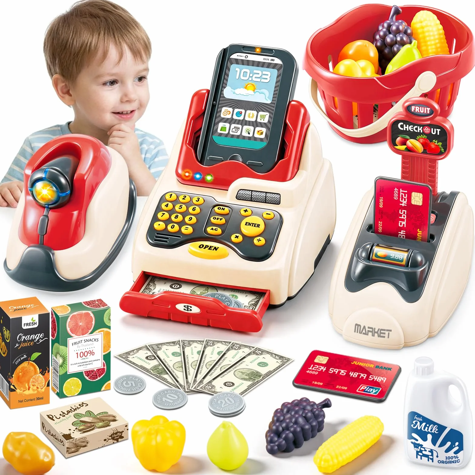 deAO Elektroniczna kasa fiskalna do zabawy w supermarket dla dzieci - kasa sklepowa, skaner, karta płatnicza, zabawkowe jedzenie, banknoty oraz koszyk na zakupy