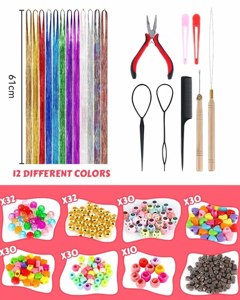 Tinsel Lametta przedłużanie włosów, 120 cm, kolorowe włosy, na Halloween, Boże Narodzenie, ozdoba do włosów, dekoracja z narzędziami, silikonowe pierścienie, koraliki, 12 kolorów, 2400 pasemek