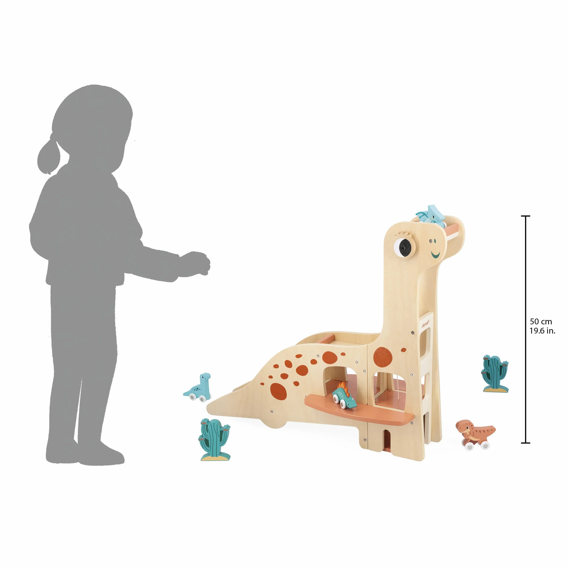 Janod Dinosaur Garaż Diplodocus dla dzieci-4 Dinos do pchania i 2 kaktusy - rozwija umiejętności motoryczne - drewniana zabawka FSC-od 24 miesięcy, J05835, Wielokolorowy