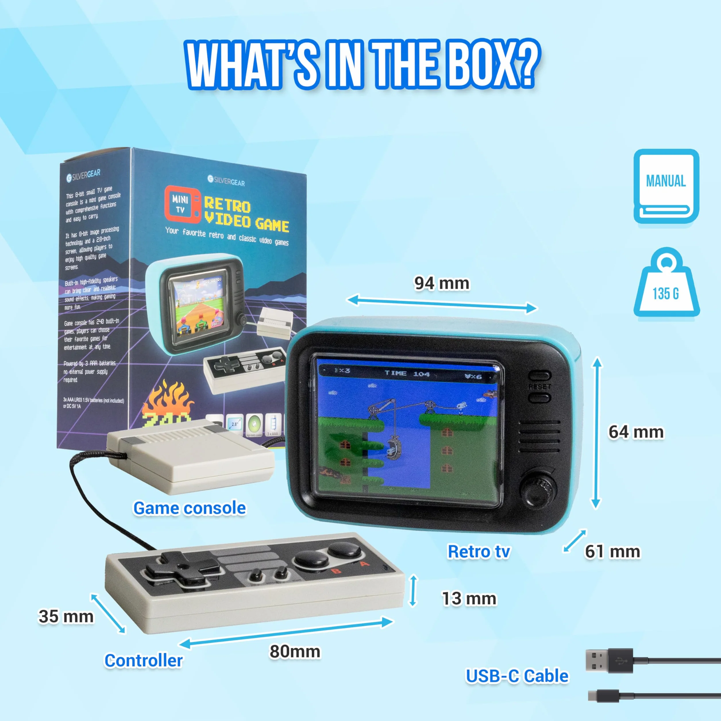 Silvergear® Mini TV Retro Video Game, analogowa konsola kieszonkowa w stylu retro, z 240 klasycznymi grami, przenośna konsola do gier, 61 x 64 x 94 mm, niebieska