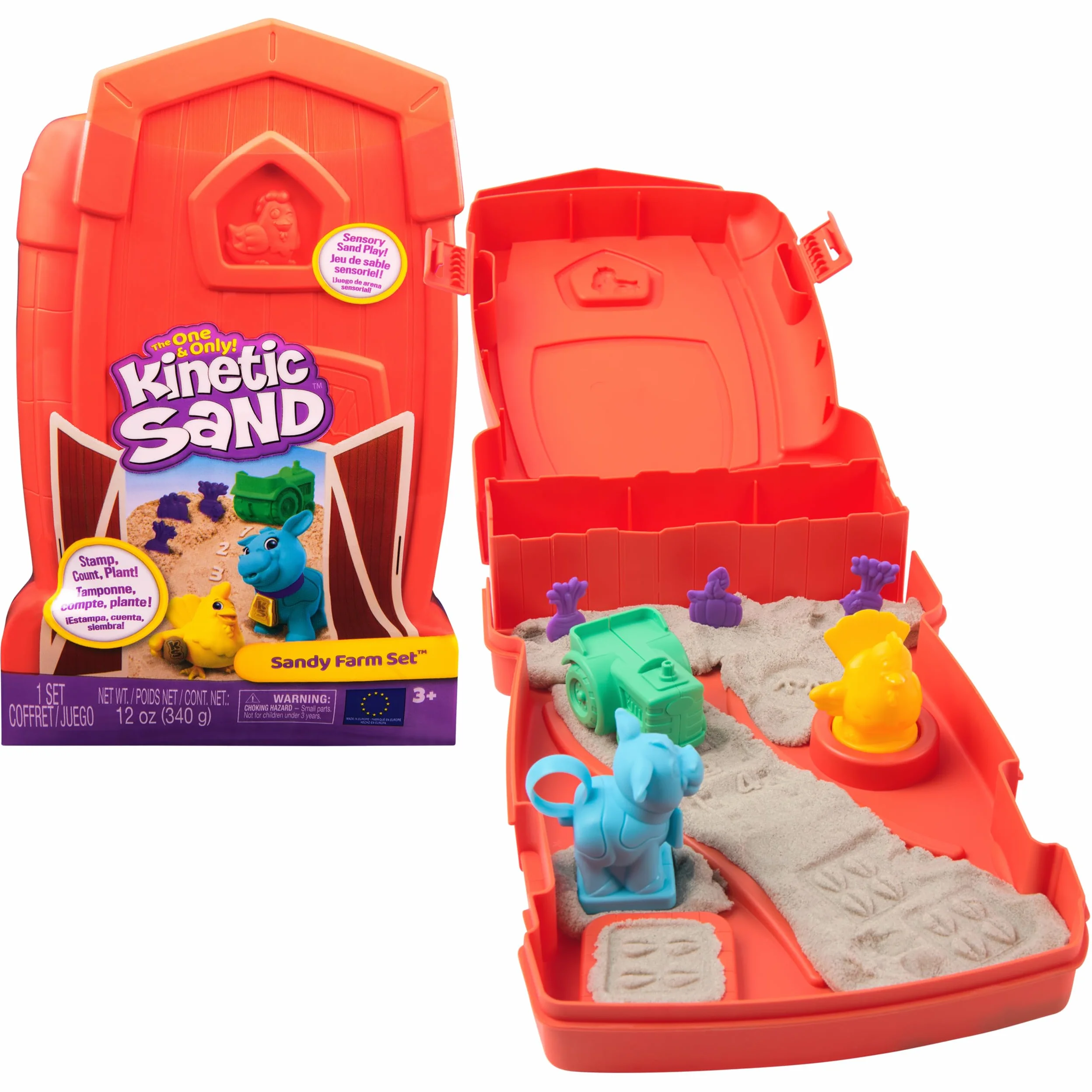 Kinetic Sand, zestaw Sandy Farm z 340 g piasku do zabawy, 6 narzędzi i foremek, walizka wielokrotnego użytku, zabawki dla maluchów, zabawki dla dziewczynek i chłopców w wieku od 3 lat