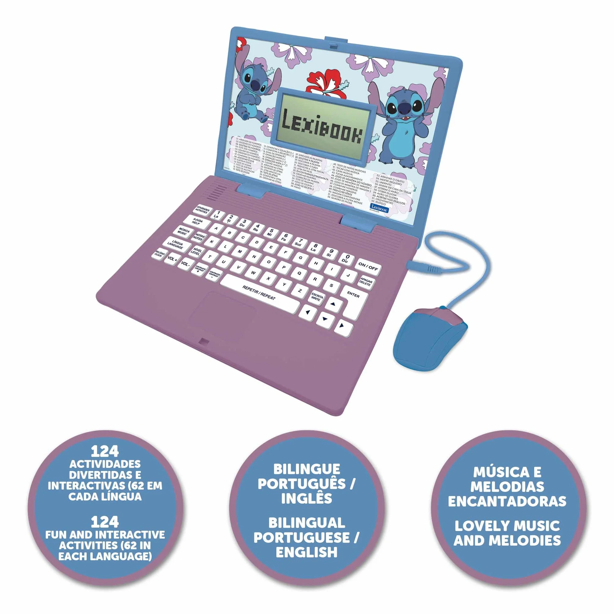 Lexibook, Disney Stitch, dwujęzyczny angielski/portugalski laptop edukacyjny, 124 zajęcia językowe, pisanie, matematyka, logika, muzyka i gry, dla chłopców i dziewcząt, JC598Di4