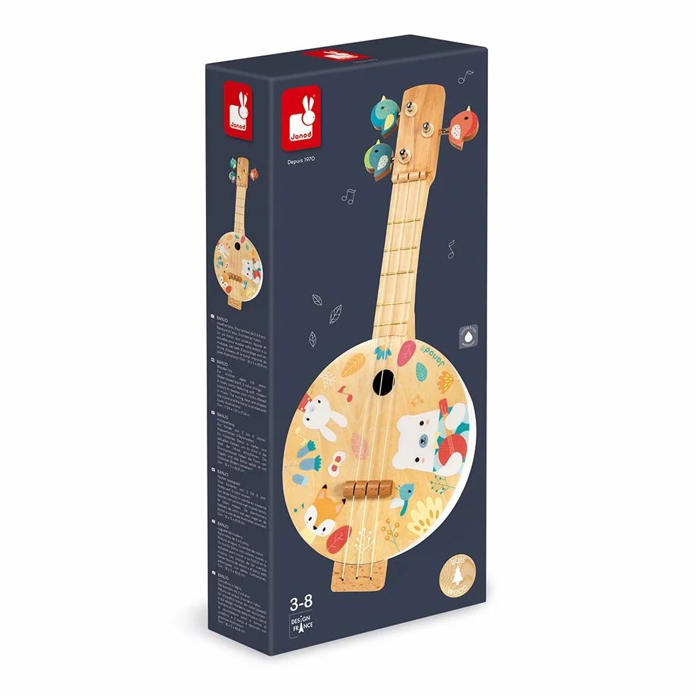 Janod - Wooden Pure Banjo - Printed with Pretty Illustrations, Water Based Paint - Bird-Shaped Tuning Keys - Imitation Toy - 3 Spare Cords - Banjo for Children - from 3 Years Old, J05160