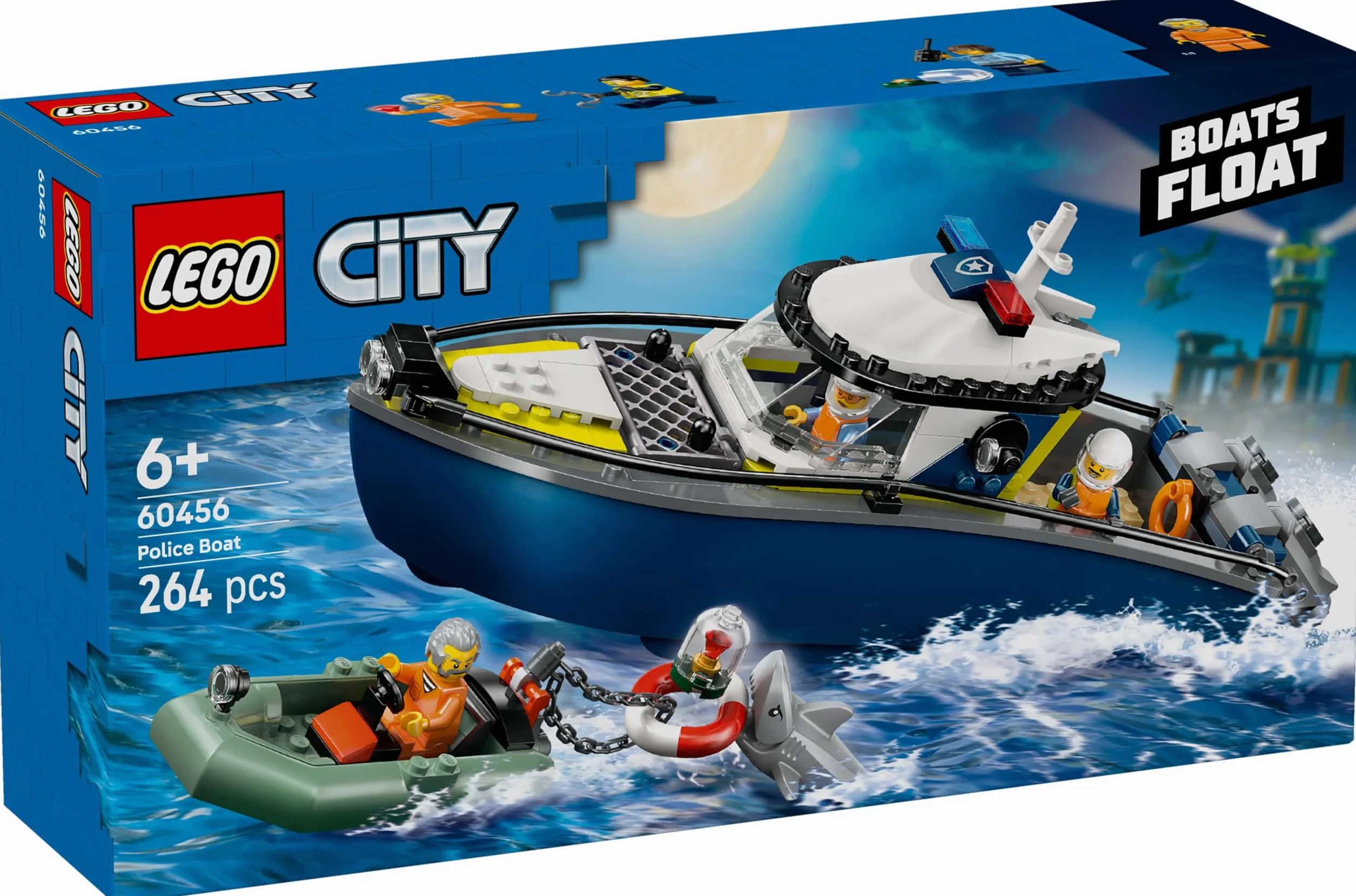LEGO City Pościg łodzią policyjną, zabawka dla dziecka do zbudowania z motorówką i pontonem złodziejaszka, pomysłowy prezent dla 6-latków, zestaw policyjny dla chłopców i dziewczynek 60456