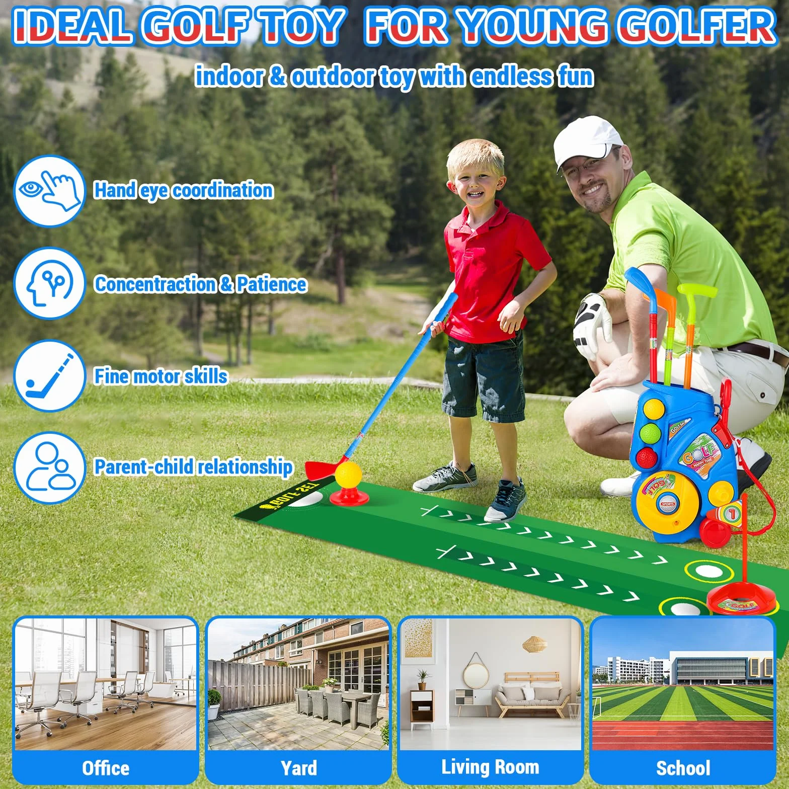 deAO Zestaw golfowy dla dzieci, w zestawie mata do golfa, 4 putter golfowe 60 cm, 6 piłek golfowych, zabawka dla malucha, zabawka do użytku wewnątrz i na zewnątrz, prezent urodzinowy dla chłopców i