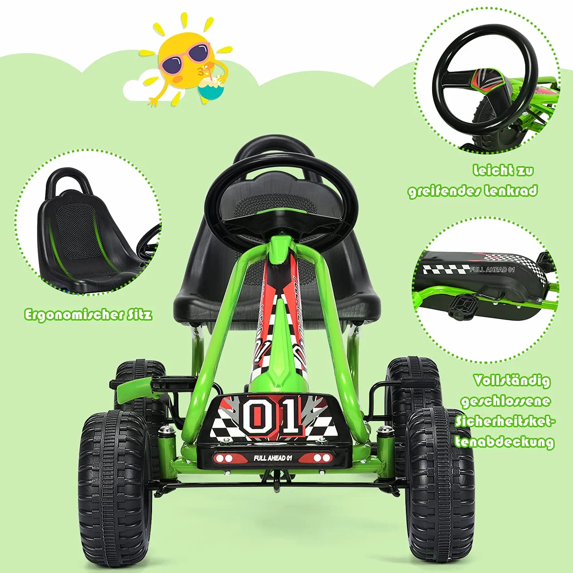 COSTWAY Gokart z regulowanym siedziskiem, hamulec ręczny, obciążenie 30 kg, dla dzieci od 3 lat (zielony)