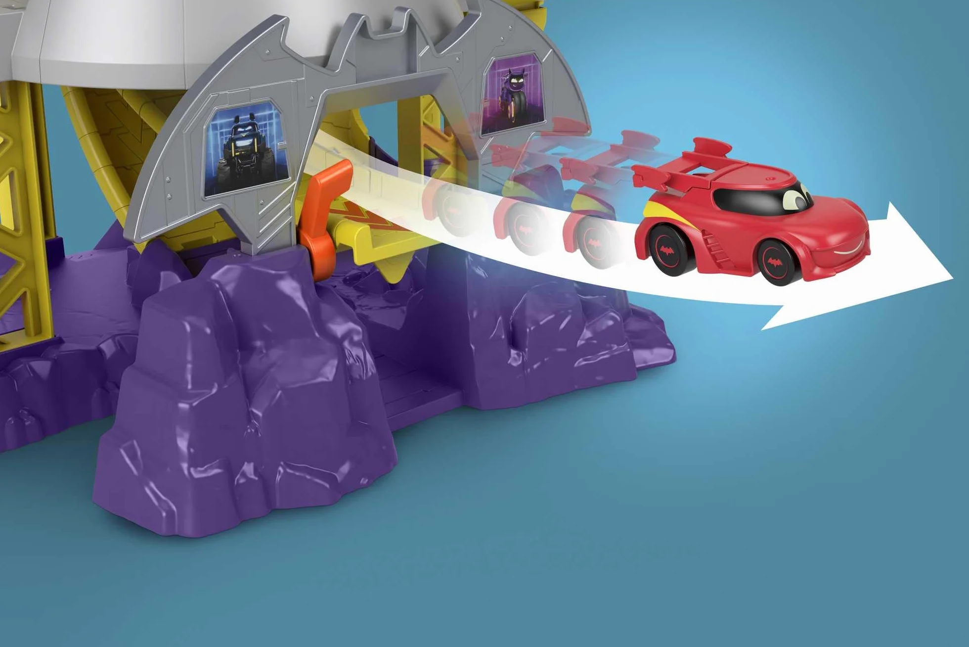Fisher-Price DC Batwheels Wyścigowa Jaskinia Batmana Zestaw ze światełkami, dźwiękami i pojazdami Batmobil Bam i Redbird, dla dzieci od 3 roku życia, HRJ21
