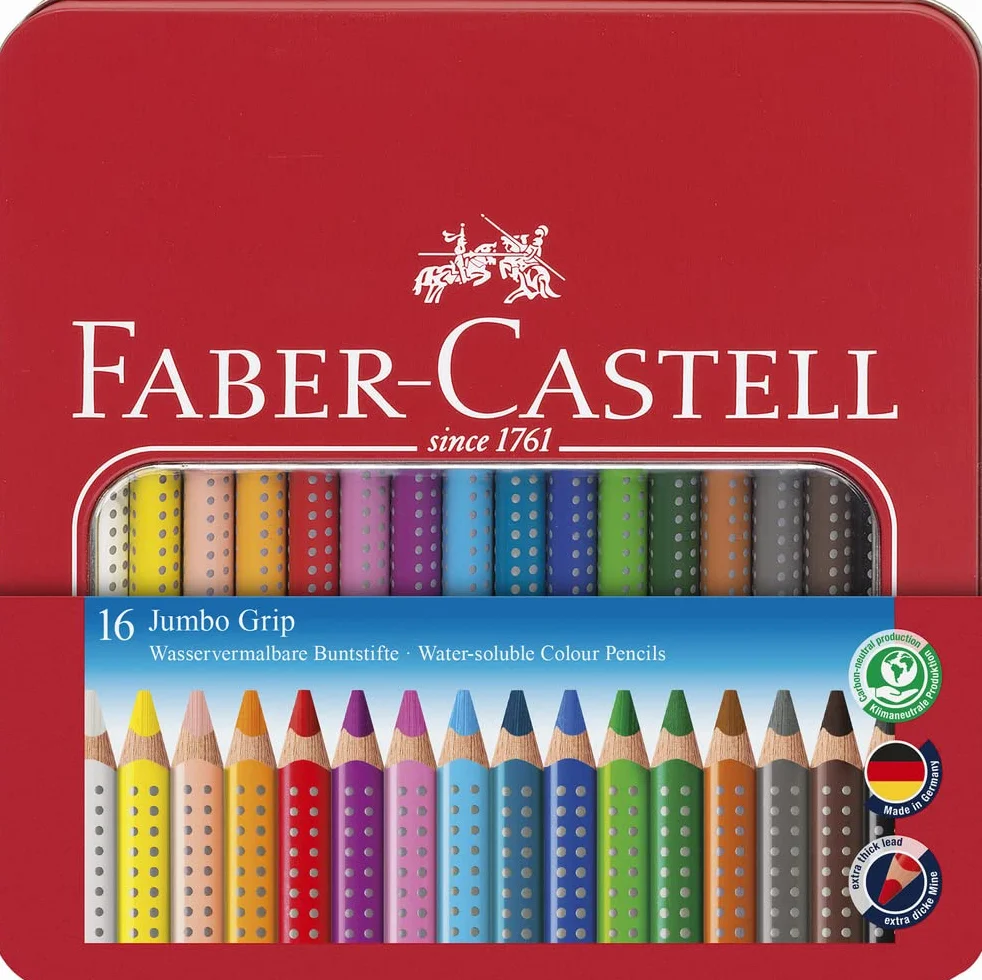 FABER-CASTELL 110916 – zestaw kredek Jumbo Grip, 16 kredek w metalowym etui, łatwe do zmywania i odporne na łamanie