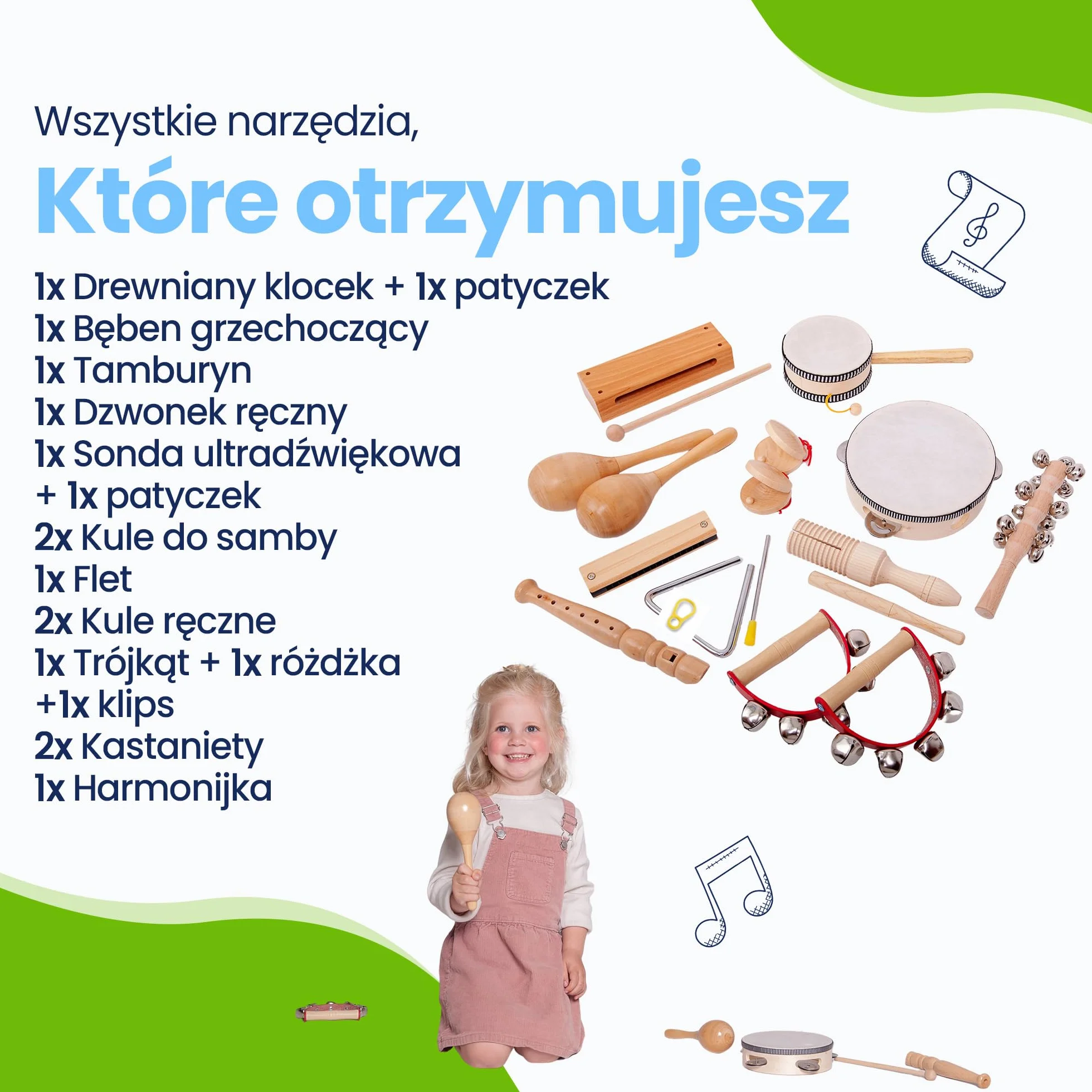 18-częściowy drewniany zestaw instrumentów muzycznych dla dzieci - zabawki Montessori - instrumenty edukacyjne - zabawki drewniane - prezent muzyczny - tamburyn - instrumenty zabawkowe