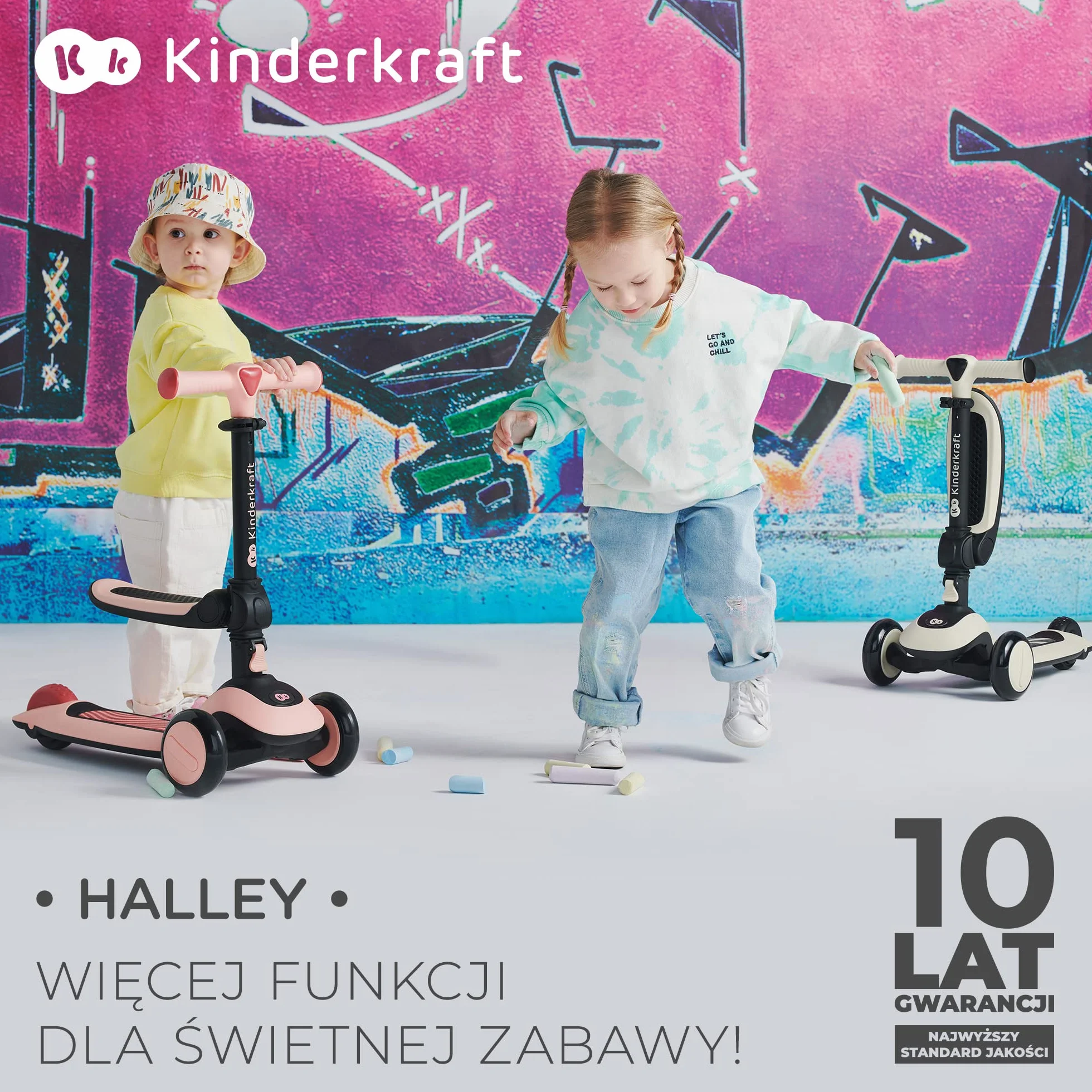 Kinderkraft HALLEY Hulajnoga dziecięca od 1 roku do 13 lat, 3 koła ze światełkami LED, Hulajnoga z siedziskiem, Funkcja rowerka biegowego, Regulowana wysokość, Obciążenie do 50 kg, Różowa