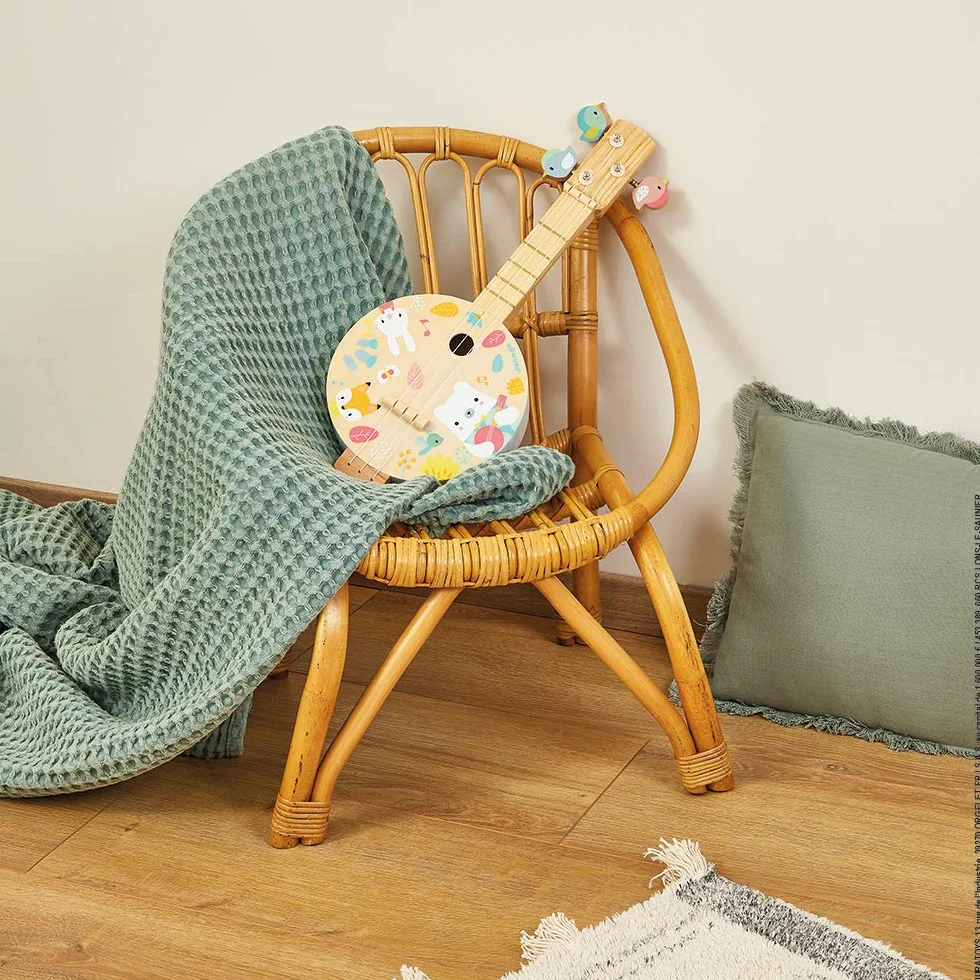 Janod - Wooden Pure Banjo - Printed with Pretty Illustrations, Water Based Paint - Bird-Shaped Tuning Keys - Imitation Toy - 3 Spare Cords - Banjo for Children - from 3 Years Old, J05160