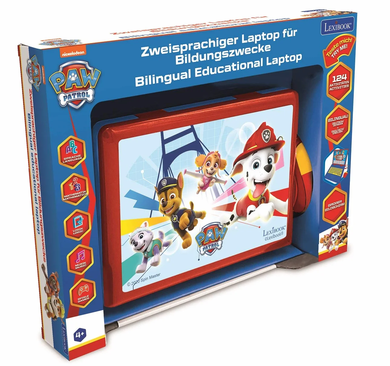 Lexibook, Psi Patrol, Laptop Edukacyjny i Dwujęzyczny w Języku Niemieckim, Angielskim, Zabawka dla Dzieci, 124 Aktywności, Gry Edukacyjne i Muzyka, Czerwony, Niebieski, JC598PAZi3