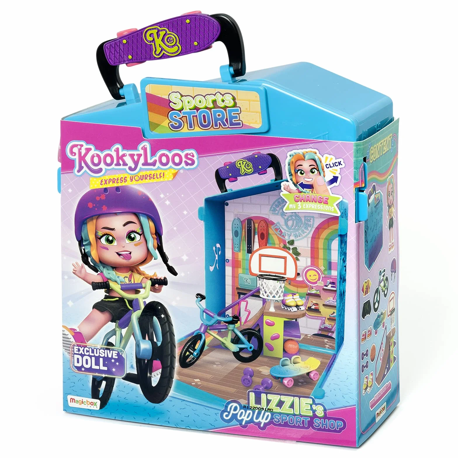 KOOKYLOOS Lizzie's Pop Up Sport Shop sklep z akcesoriami, ekskluzywną lalką z 3 zabawnymi wyrazami twarzy, 2 ekskluzywnymi zwierzętami
