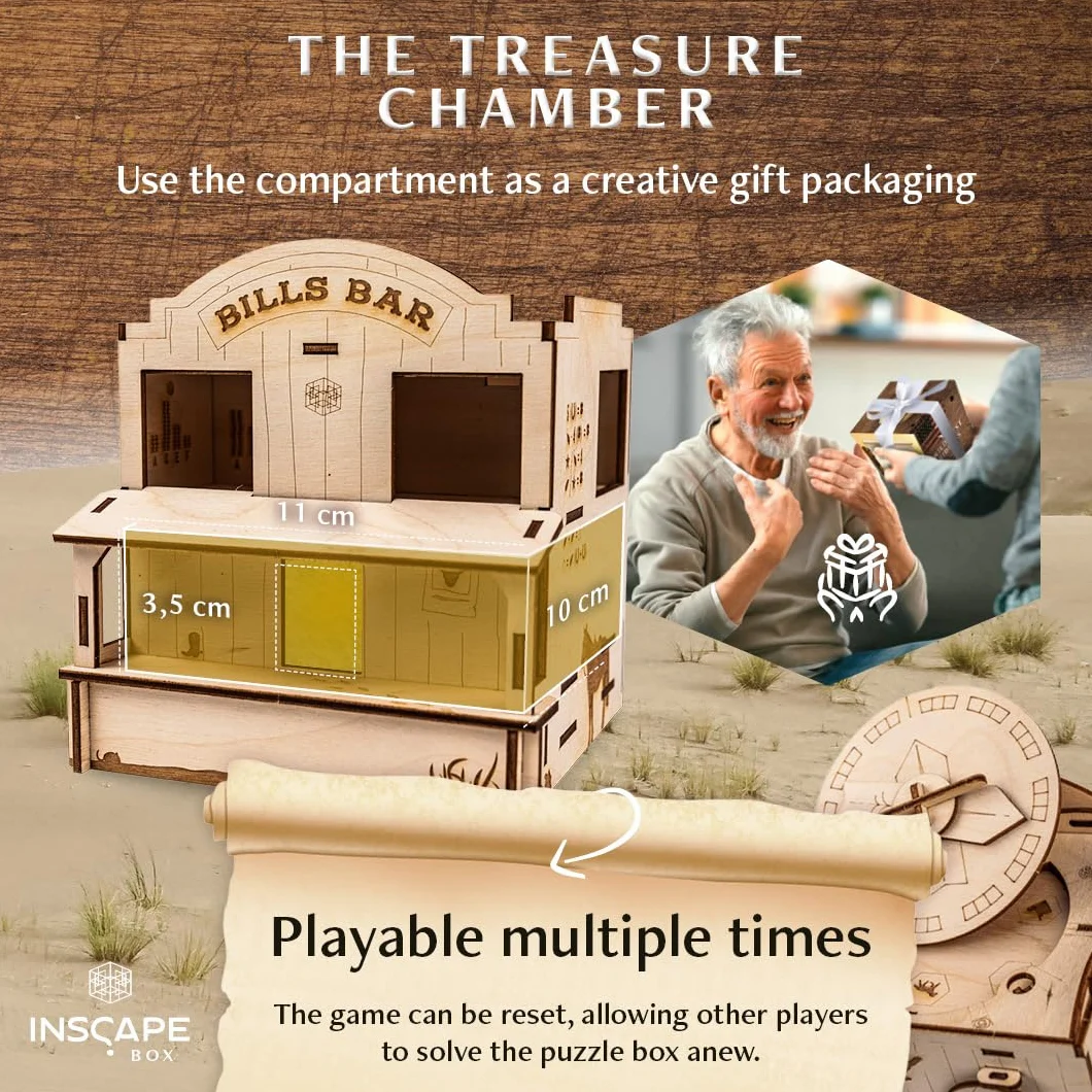 INSCAPE Wild West Riddles drewniane pudełko z puzzlami - puzzle - Escape Room gra dla dorosłych i dzieci - gry logiczne dla dorosłych - drewniane puzzle 3D - Cluebox - gry myślące