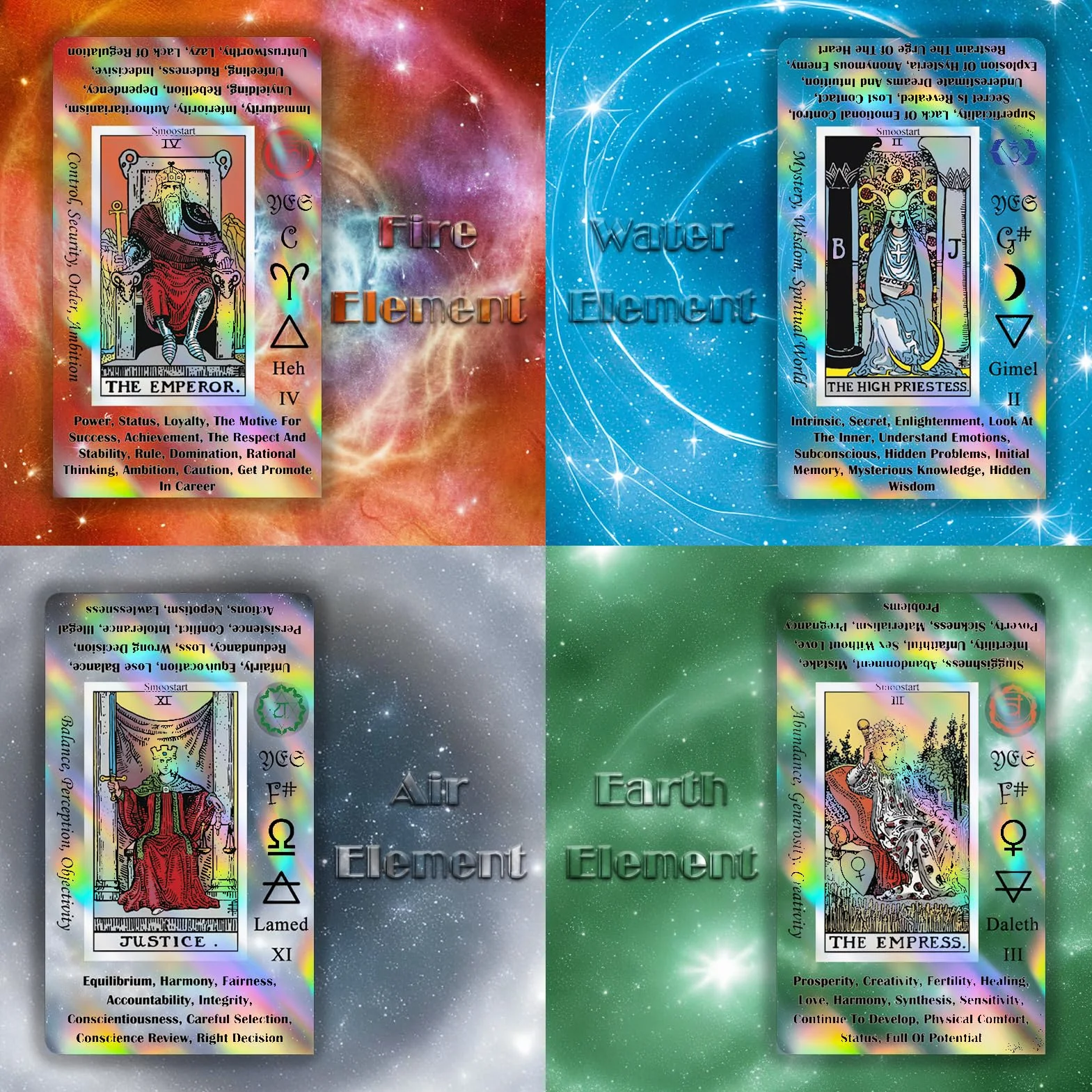 Smoostart holograficzny Tarot dla początkujących ze znaczeniami, z przewodnikiem, słowami kluczowymi, elementem, planetą, zodiakiem, czakrami, tak lub nie, ton muzyczny, numerologia, alfabet hebrajski