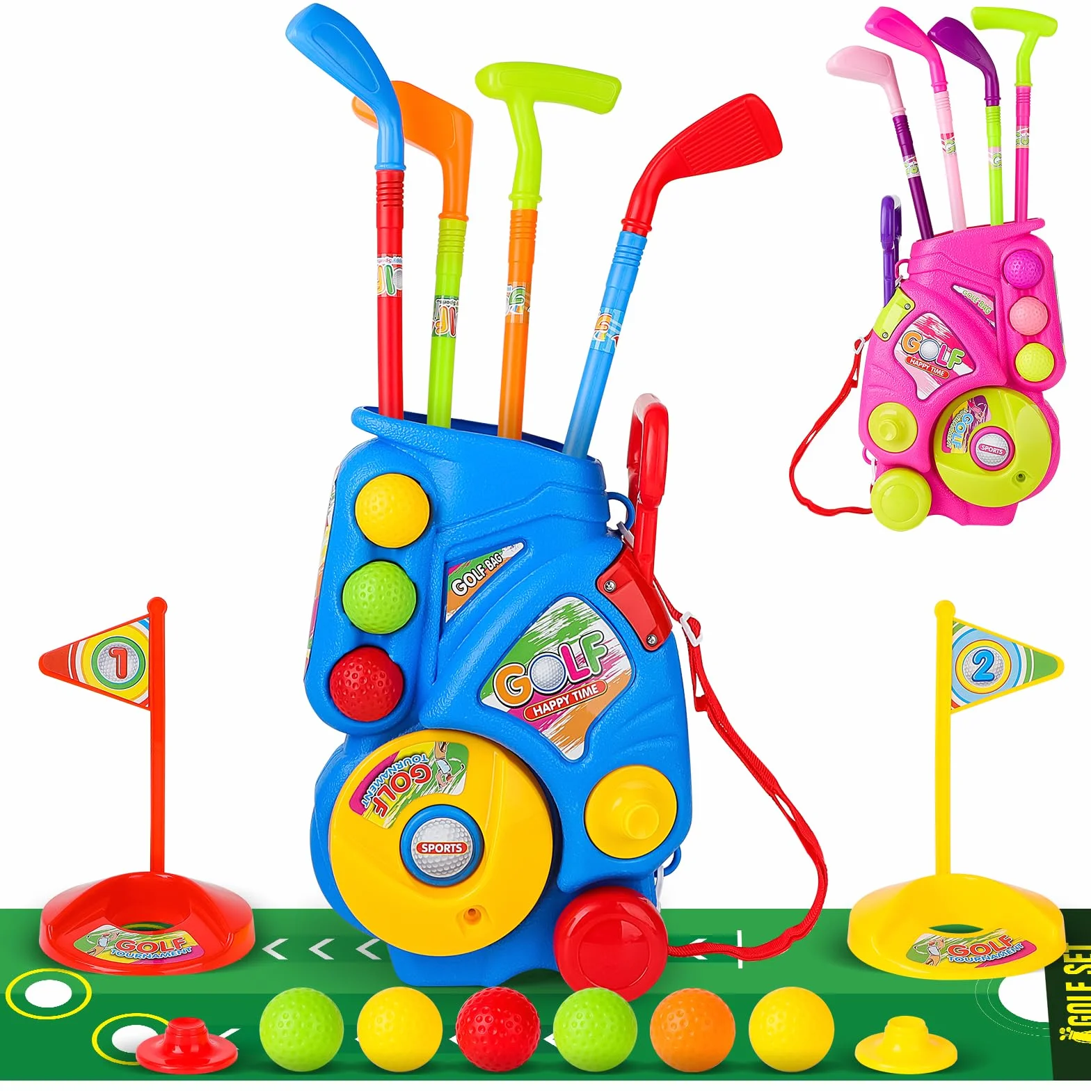 deAO Zestaw golfowy dla dzieci, w zestawie mata do golfa, 4 putter golfowe 60 cm, 6 piłek golfowych, zabawka dla malucha, zabawka do użytku wewnątrz i na zewnątrz, prezent urodzinowy dla chłopców i