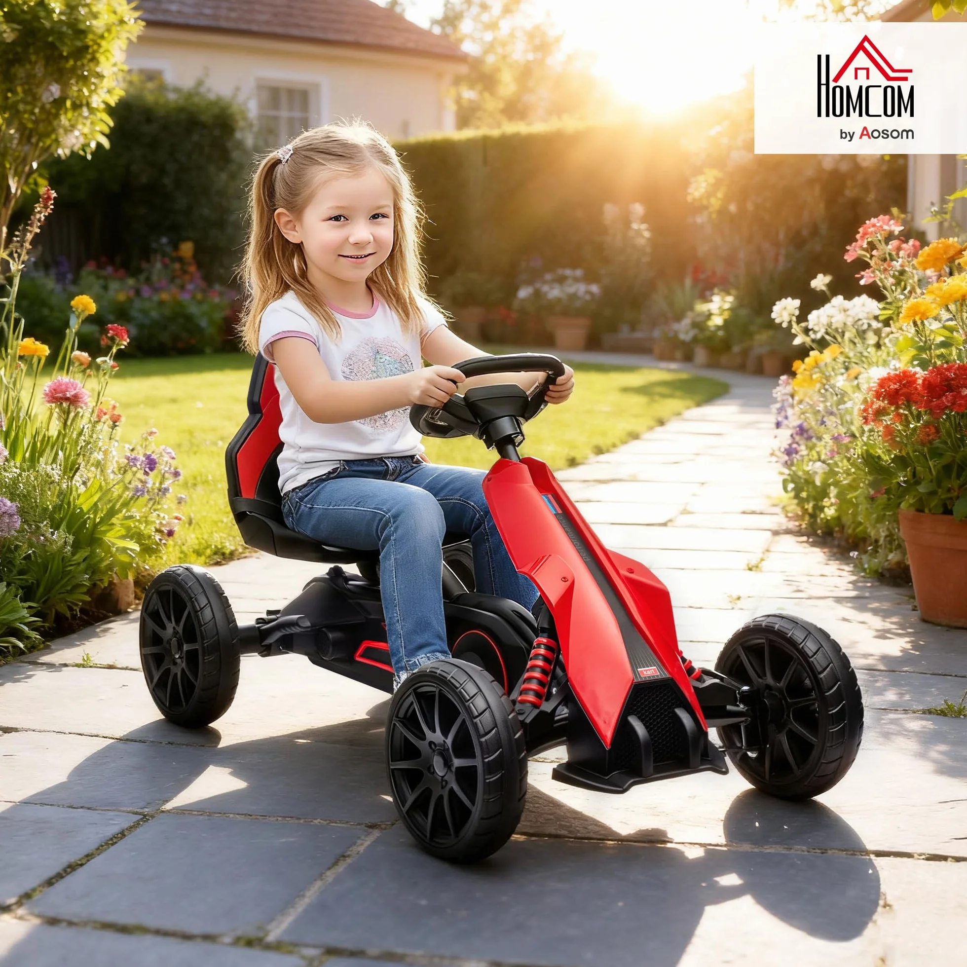 HOMCOM Kart na pedały dla dzieci, go-Kart z regulowanym siedziskiem 4-pozycyjnym, ciche koła EVA, 100 x 58 x 58,5 cm, rower i pojazd dziecięcy, czerwony i czarny