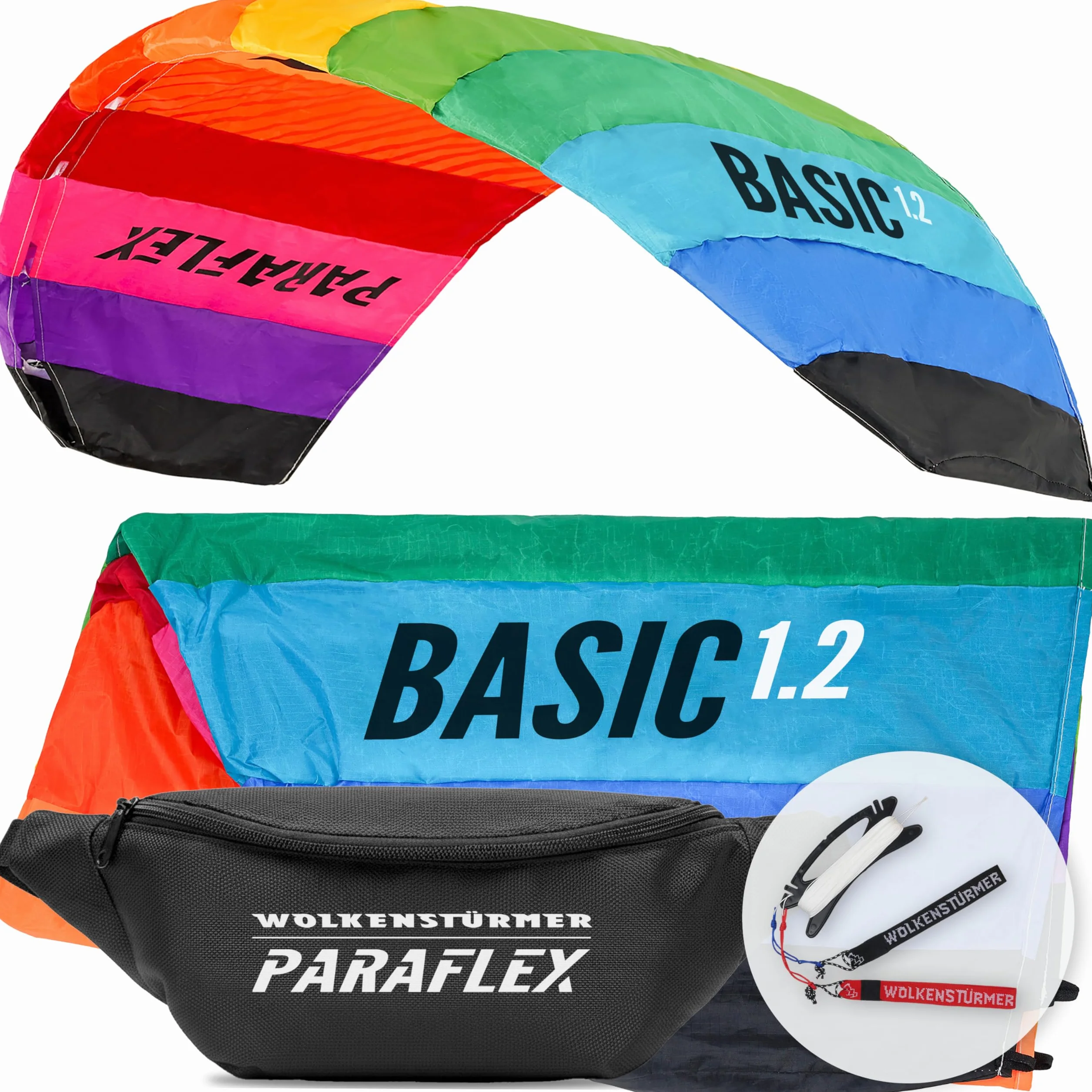 Wolkenstürmer® Paraflex Basic 1.2 (Rainbow) Latawiec – 2-linowa mata do kierowania z pętlami do latania – latawiec dla dzieci od 6 lat