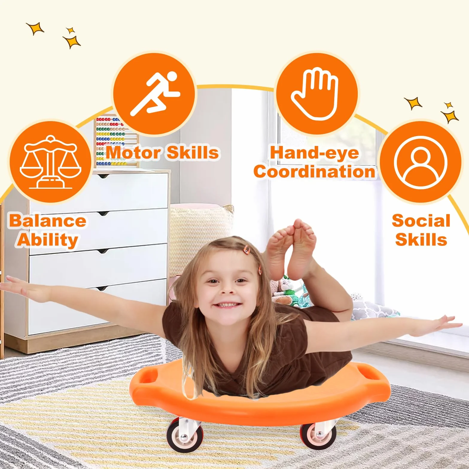 Balance Board dziecięca z uchwytami i kółkami szeptającymi, deska na kółkach z tworzywa sztucznego, sprzęt sportowy dla dzieci, do użytku wewnątrz i na zewnątrz, trener równowagi małych dzieci, deska