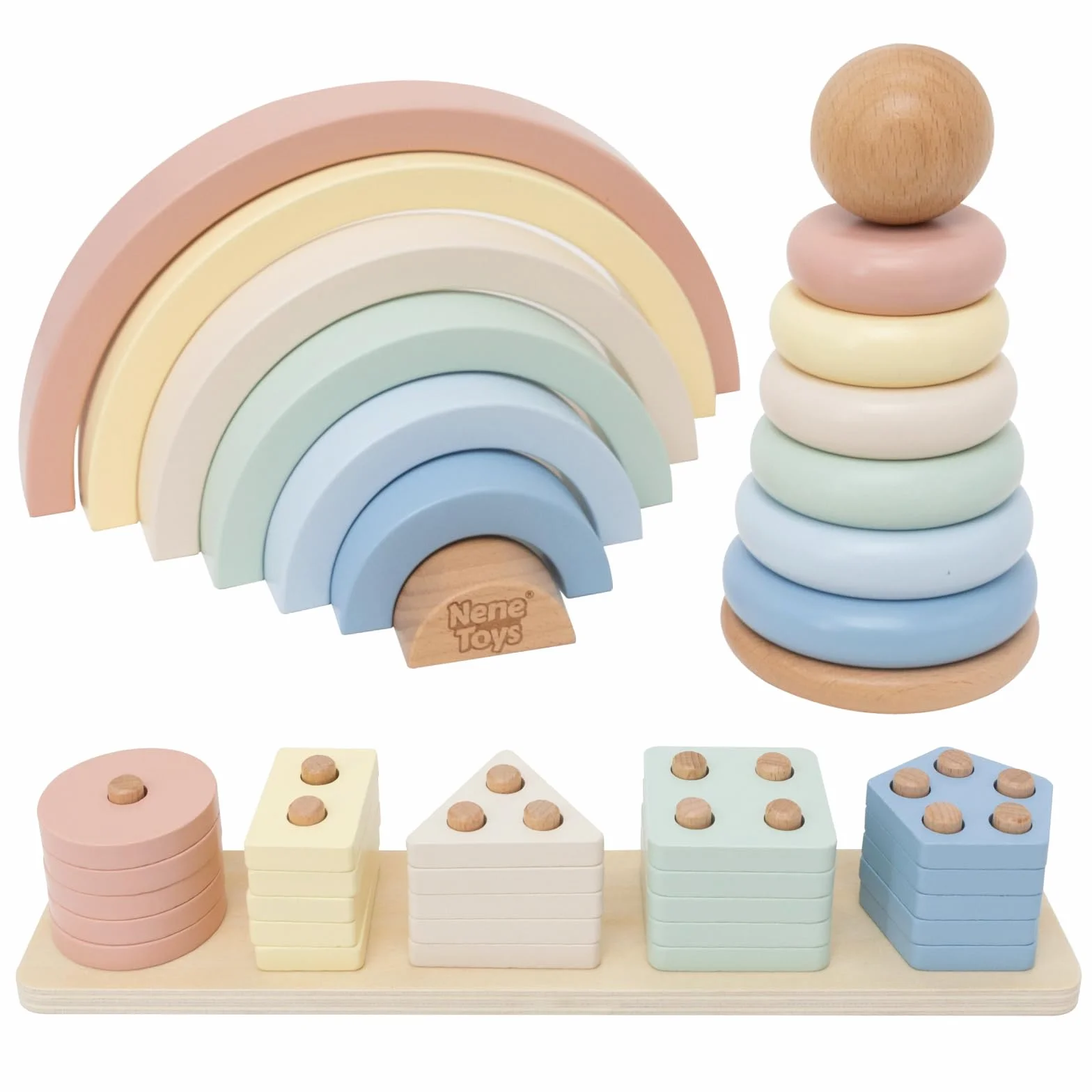 Nene Toys Drewniana Zabawka Montessori 3-w-1 dla Dzieci 1–3 Lata – Tęcza, Wieża do Układania i Sorter Kształtów – Pastelowe Kolory