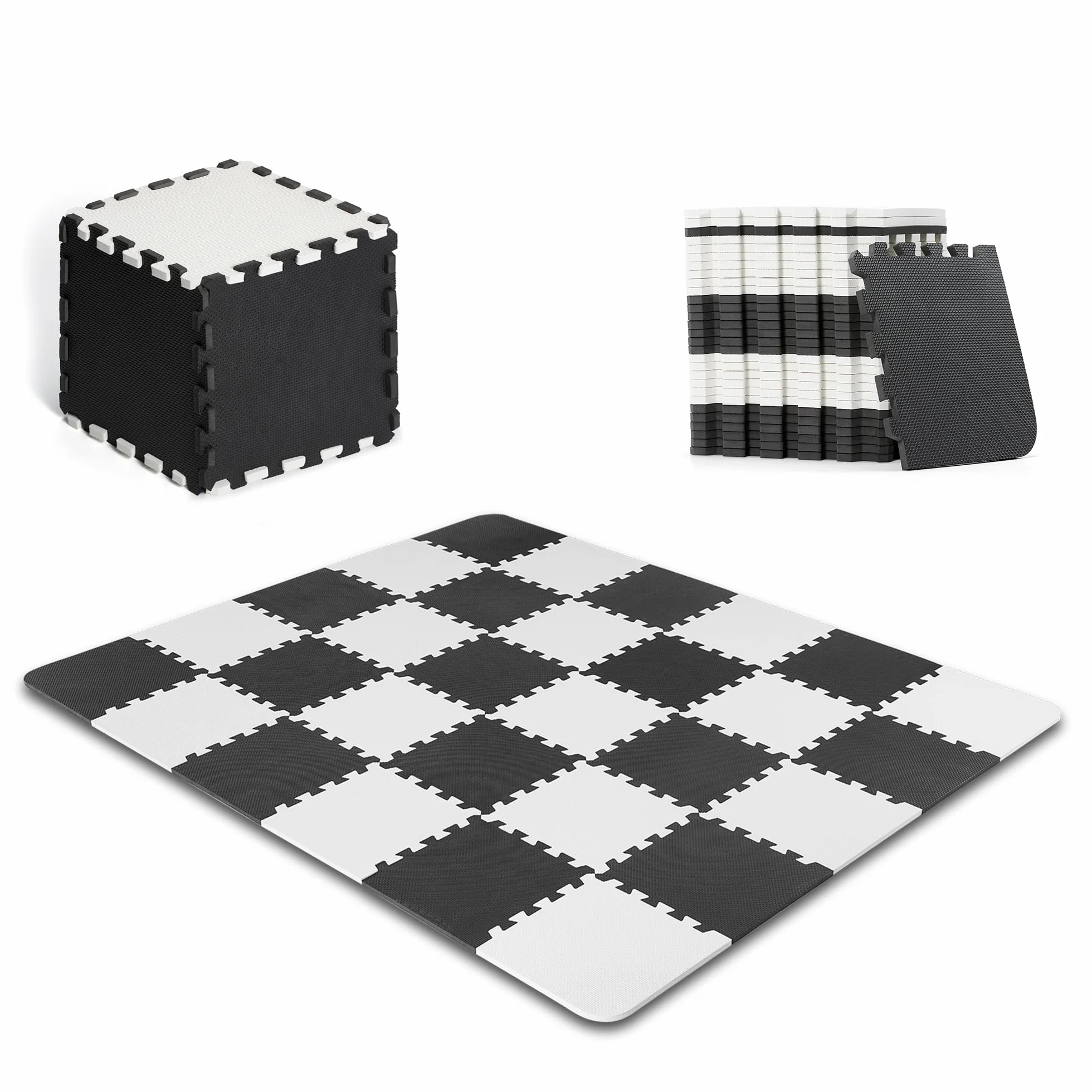 Kinderkraft Mata piankowa LUNO, Wielofunkcyjna, Puzzle 30 elementów, Wodoodporna, Izolacja od podłogi, Antypoślizgowa powierzchnia, Łatwe czyszczenie, Torba do transportu w zestawie, Czarno Biały