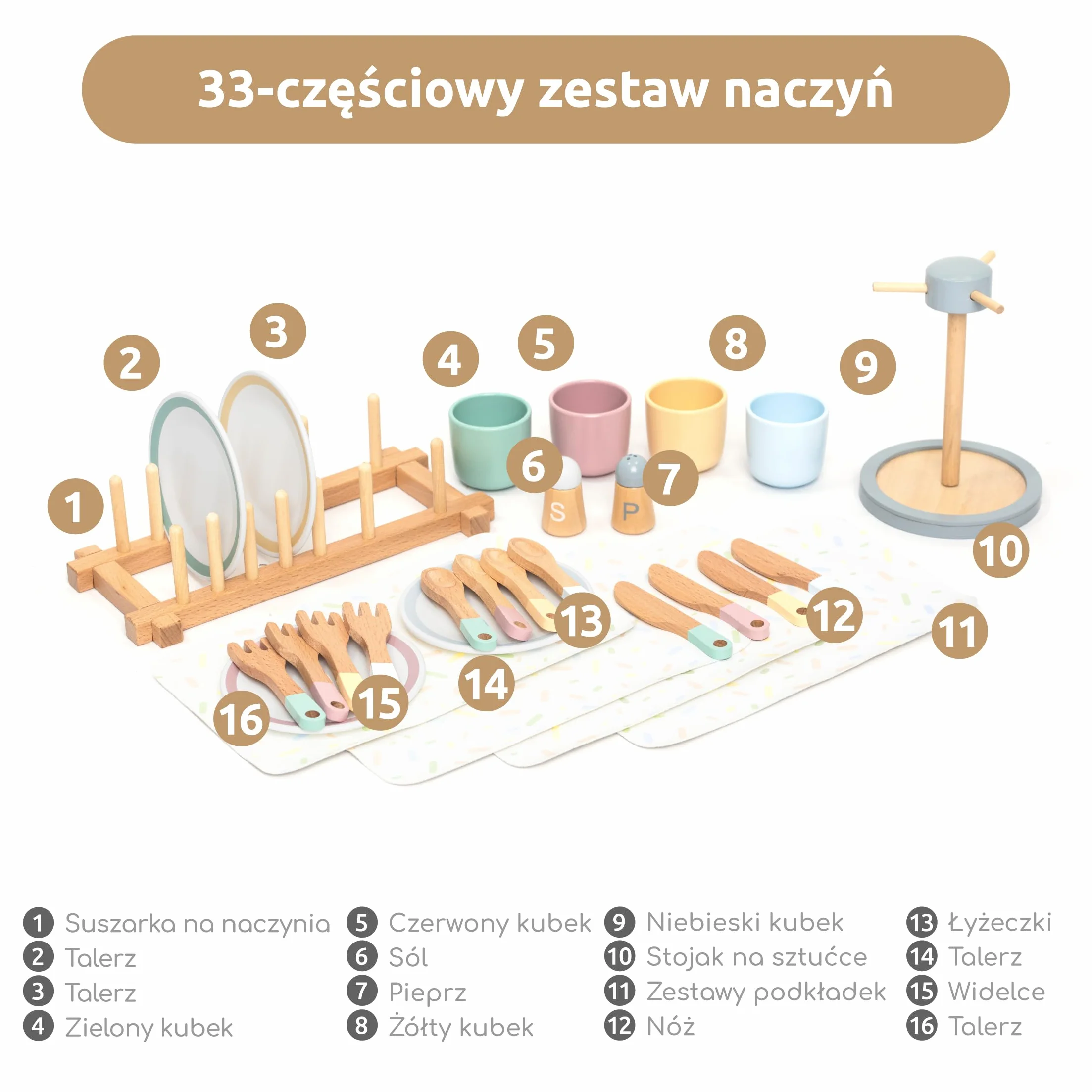 UMU Duży zestaw naczyń z drewna – 28-częściowy serwis stołowy do kuchni dziecięcej z talerzami, kubkami, sztućcami i stojakiem – akcesoria kuchenne do kuchni do zabawy – naczynia do odgrywania ról od