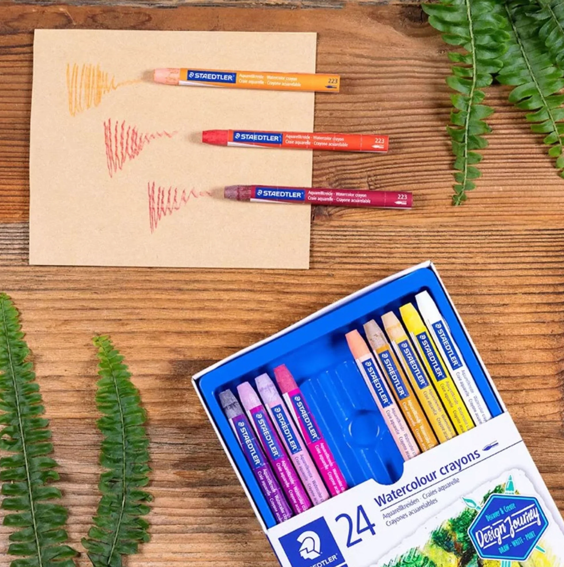 Staedtler 223 C24 kreda akwarelowa (jasne kolory, łatwo zmywalna, z wodoodporną banderolą, średnica 8 mm, okrągła) kartonowe etui z 24 żywymi kolorami