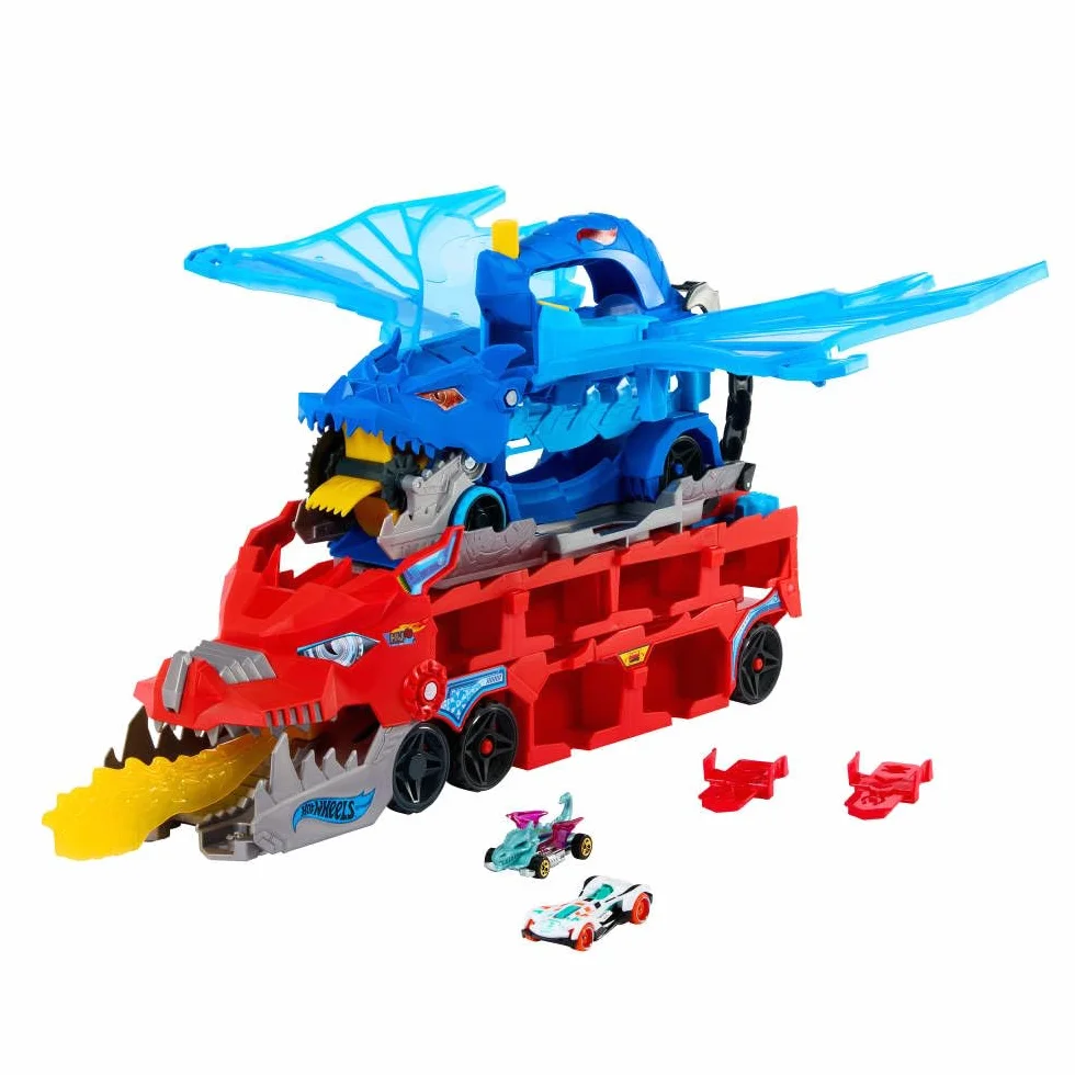 Hot Wheels City zestaw zabawkowych samochodów 2 w 1 i 2 samochody Die-Cast, duży smok i zdejmowany smok, z miejscem na ponad 20 pojazdów, JKJ79
