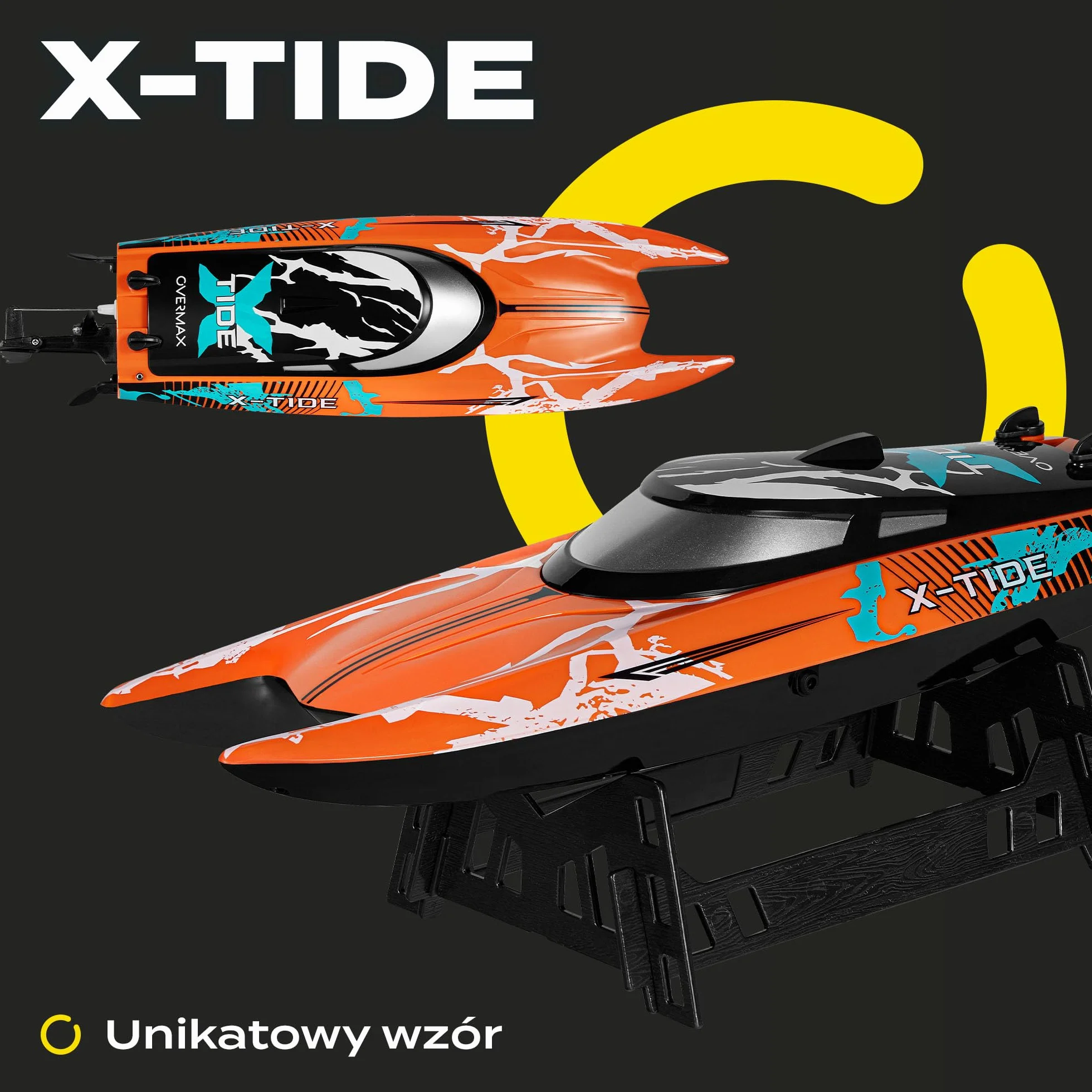 Overmax X-Tide zdalnie sterowana łódź wyścigowa RC-Speedboat z akumulatorem LED 25 km/h 1200 mAh, 34 minuty, regulacja prędkości, zasięg do 100 m, zabawka na basen i morze