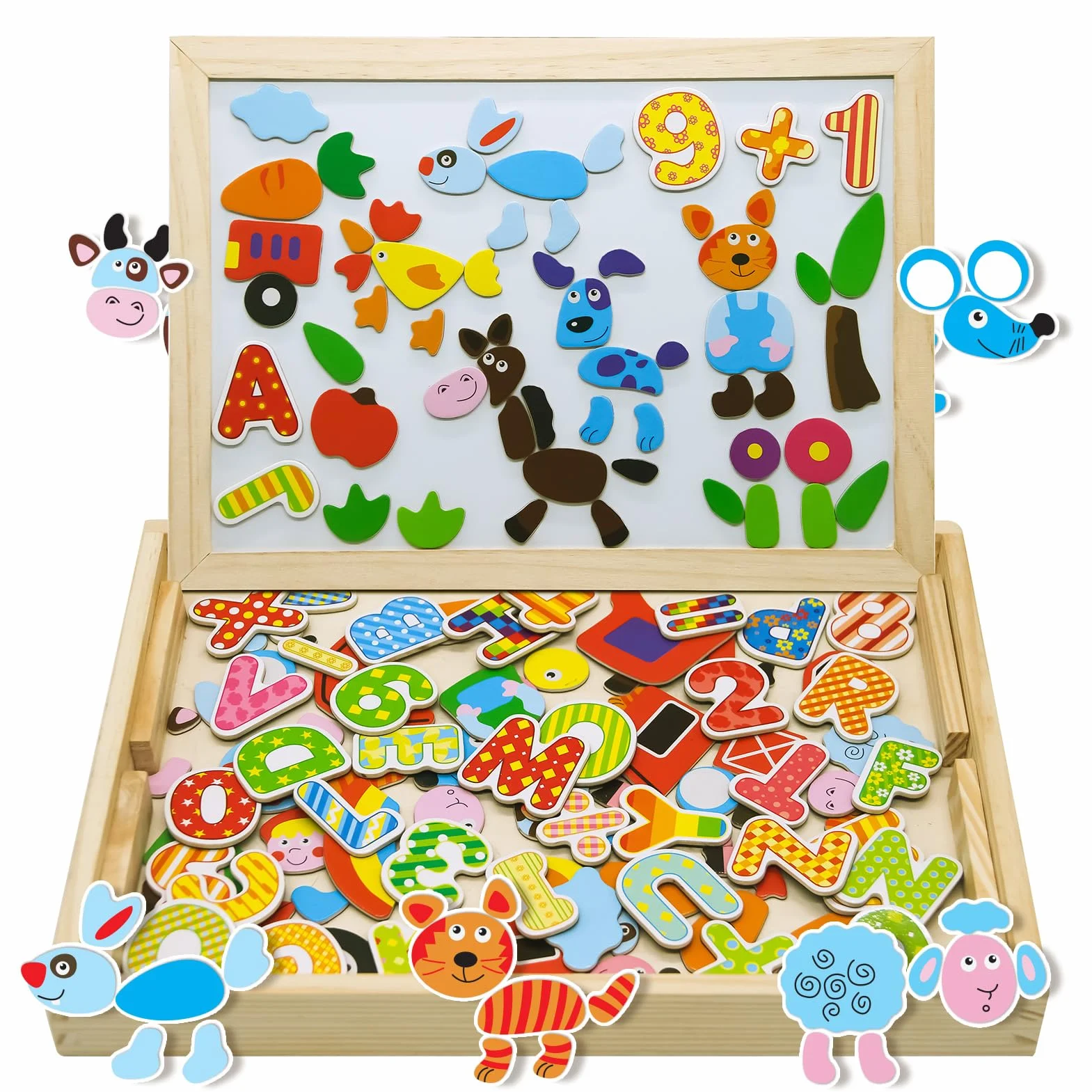 Uping Drewniane puzzle magnetyczne, sztalugi, dwustronna, tablica, drewniana deska Doodle, 155 sztuk, dla dzieci od 3 lat, gospodarstwo rolne