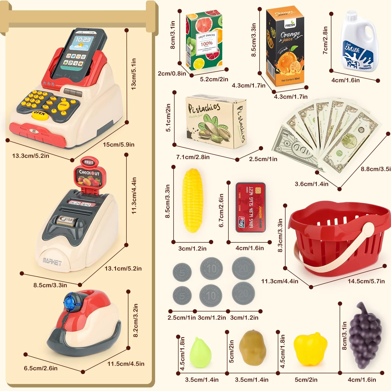 deAO Elektroniczna kasa fiskalna do zabawy w supermarket dla dzieci - kasa sklepowa, skaner, karta płatnicza, zabawkowe jedzenie, banknoty oraz koszyk na zakupy