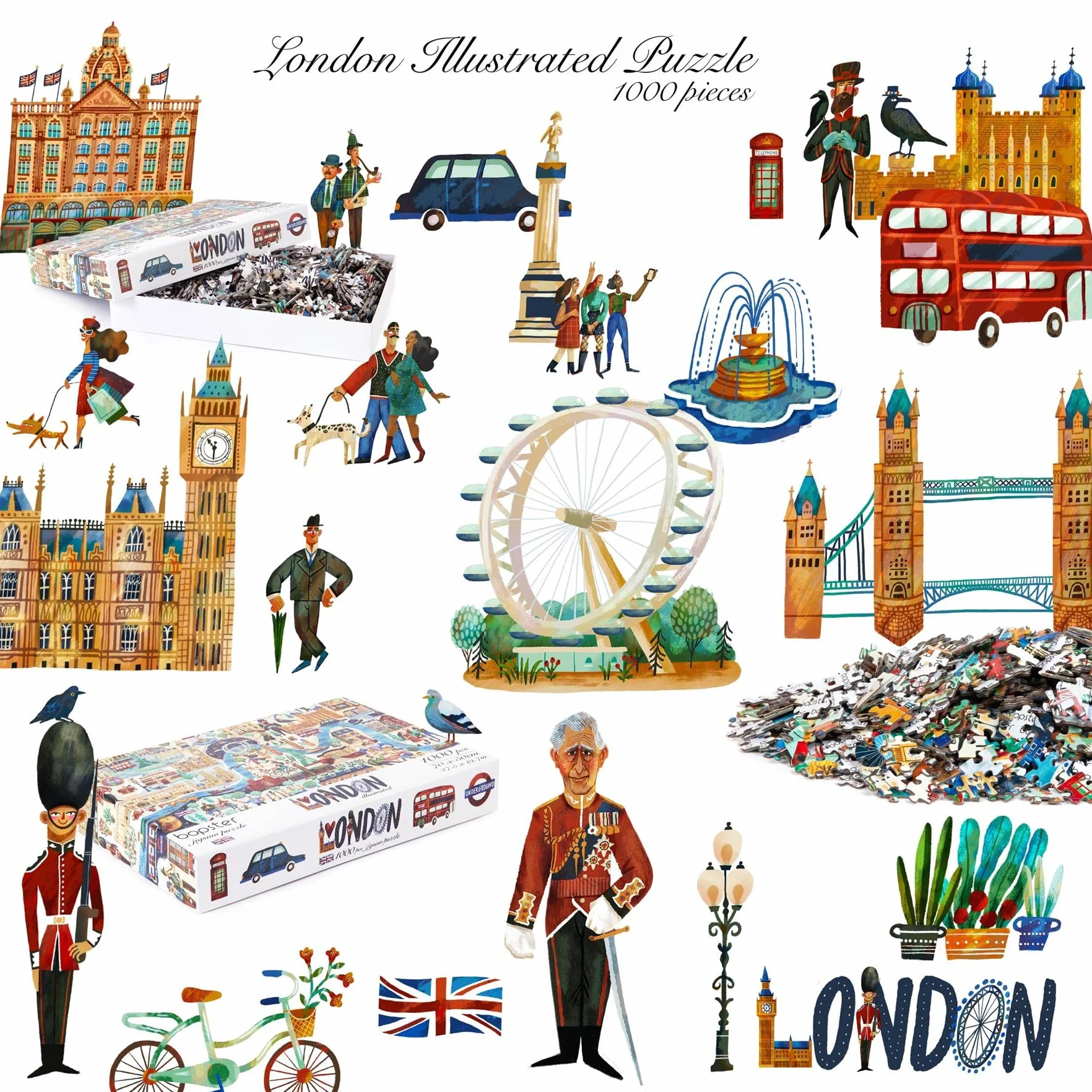 Londyn puzzle 1000 elementów, ilustrowana scena miejska z królową Elżbietą II i królem Karolem III, puzzle dla dorosłych i dzieci, karta w 100% z recyklingu, autorstwa Bopster